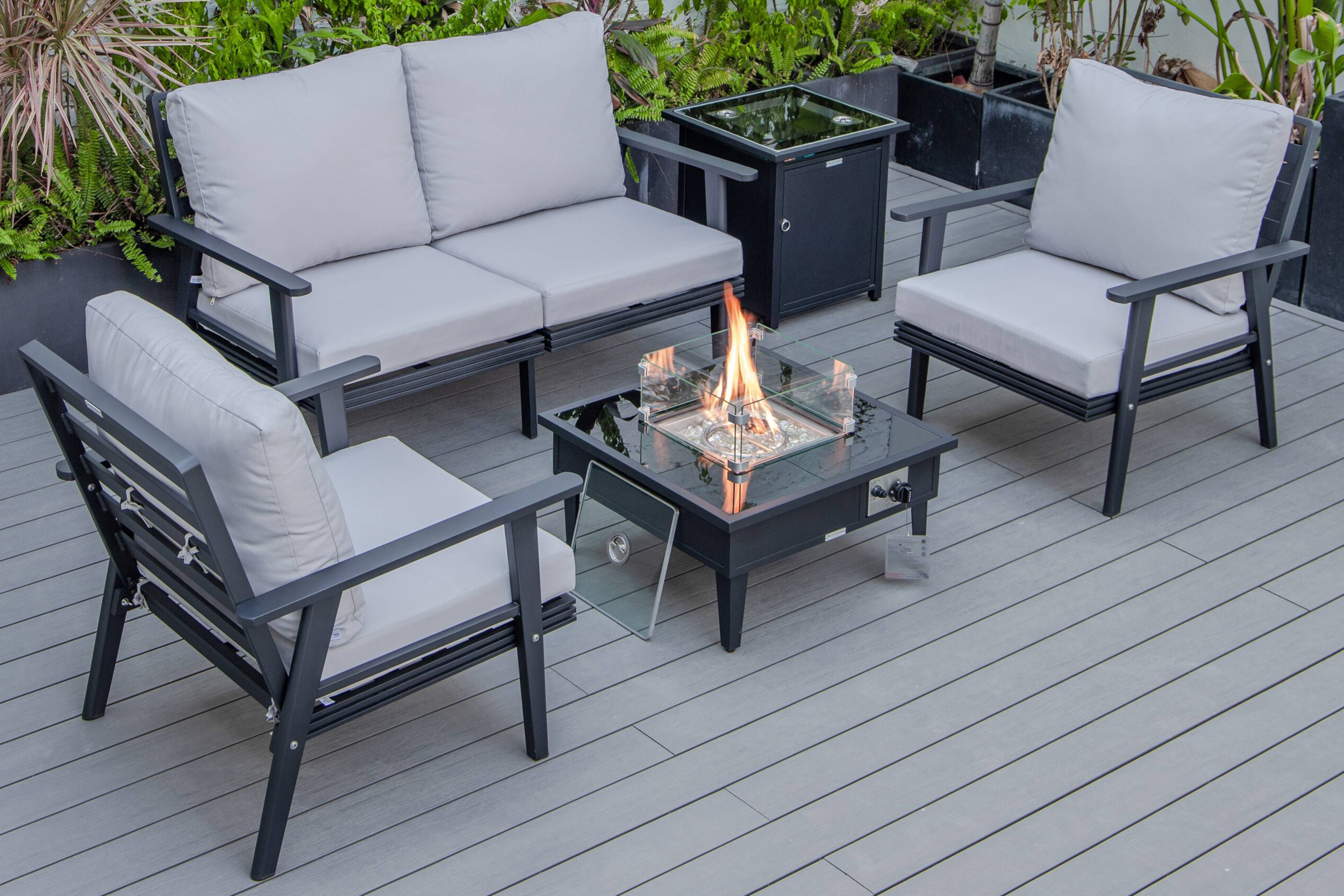 LeisureMod Walbrooke Modern Black Patio Conversation With Square Fire Pit & Tank Holder