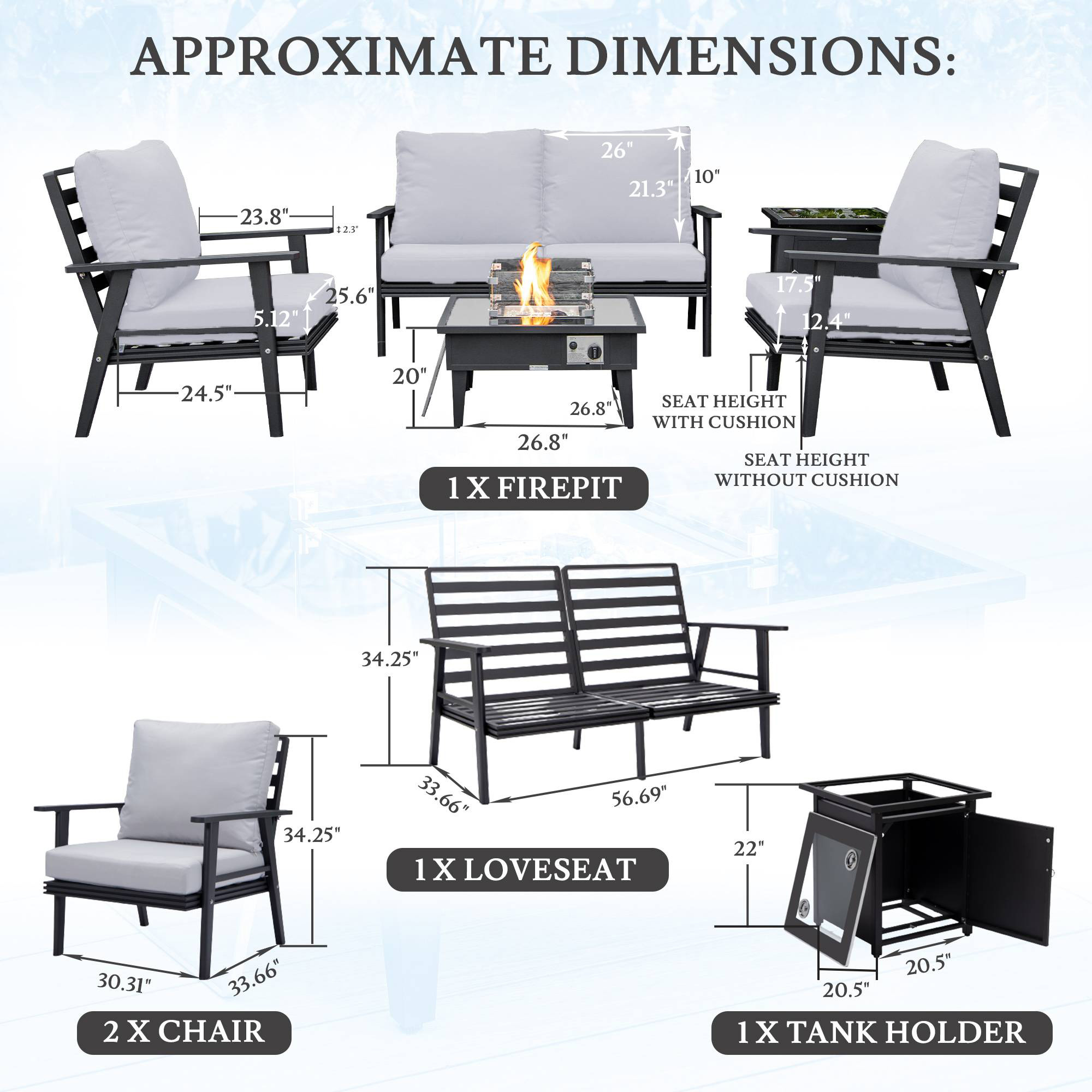 LeisureMod Walbrooke Modern Black Patio Conversation With Square Fire Pit & Tank Holder - Light Gray