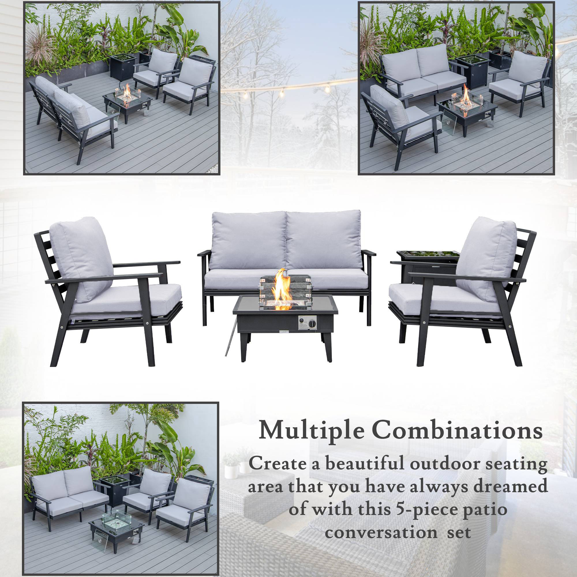 LeisureMod Walbrooke Modern Black Patio Conversation With Square Fire Pit & Tank Holder - Light Gray