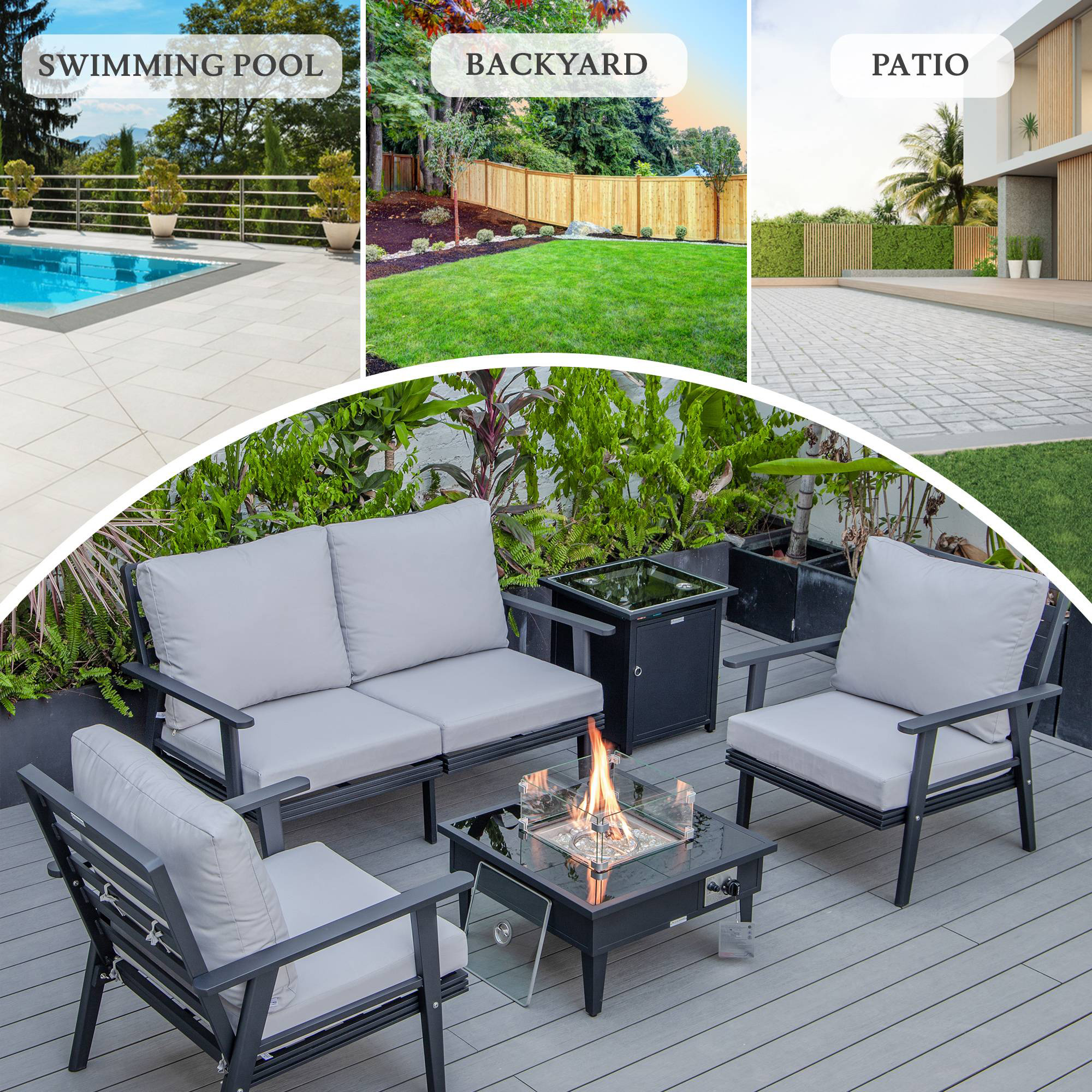 LeisureMod Walbrooke Modern Black Patio Conversation With Square Fire Pit & Tank Holder - Light Gray