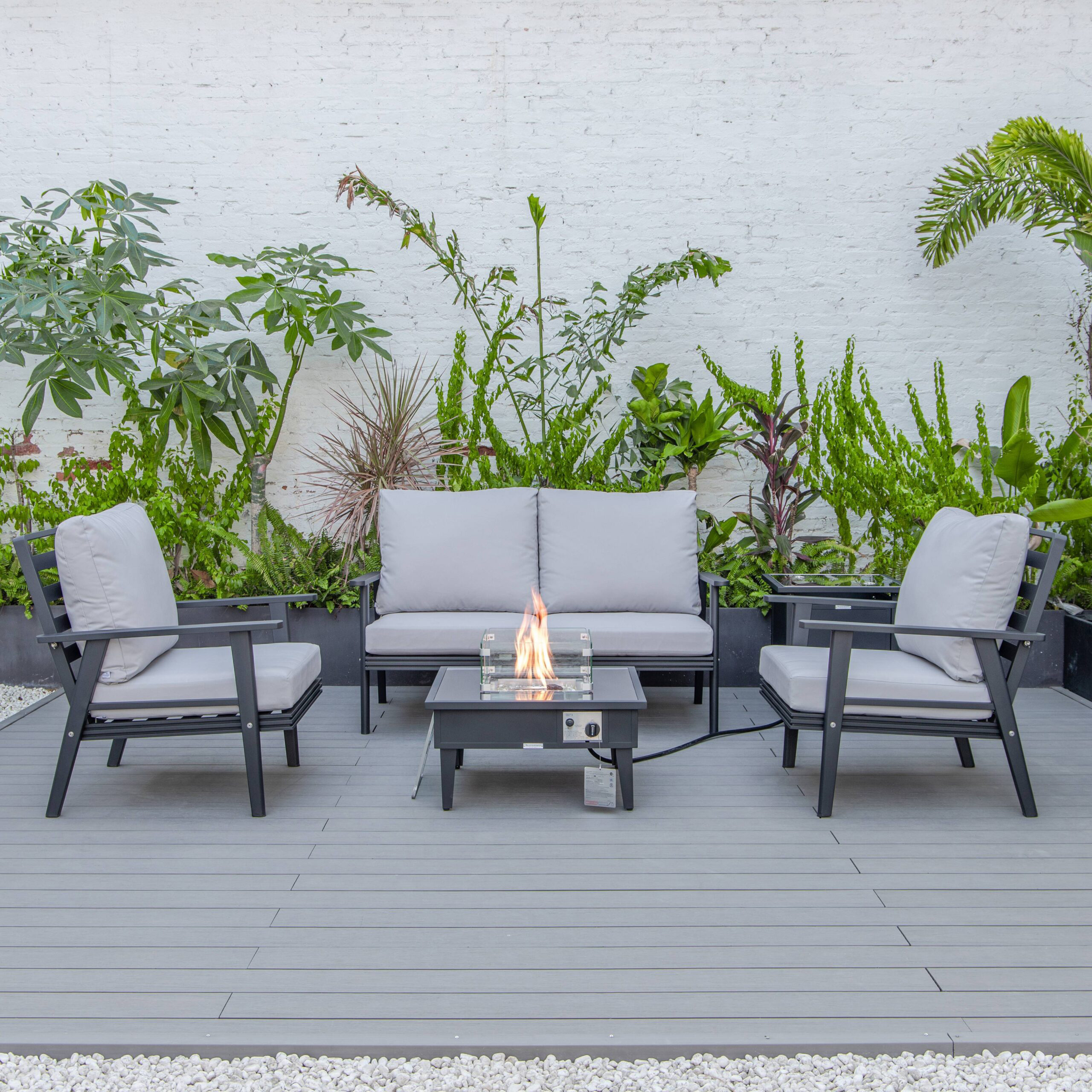 LeisureMod Walbrooke Modern Black Patio Conversation With Square Fire Pit & Tank Holder - Light Gray