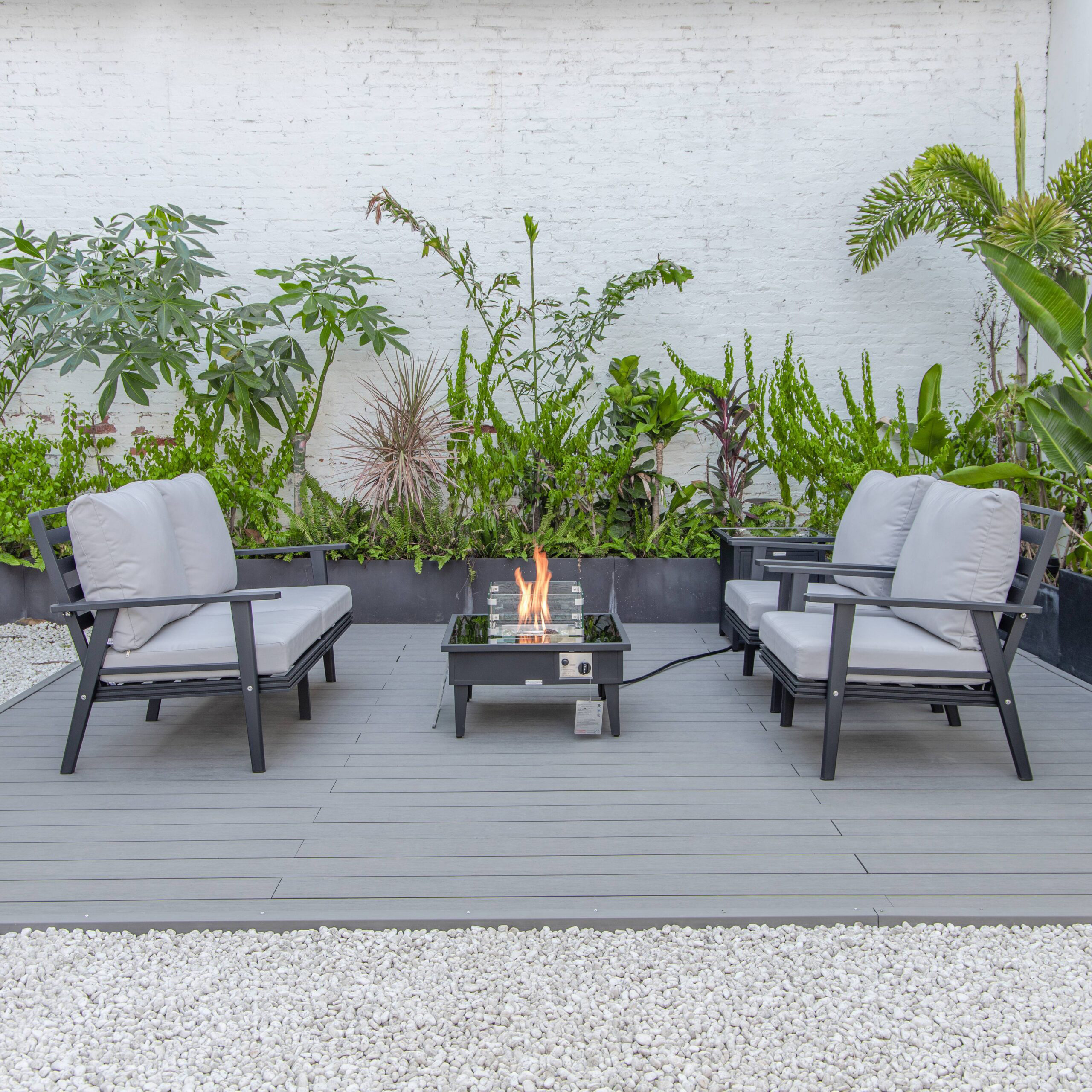 LeisureMod Walbrooke Modern Black Patio Conversation With Square Fire Pit & Tank Holder - Light Gray