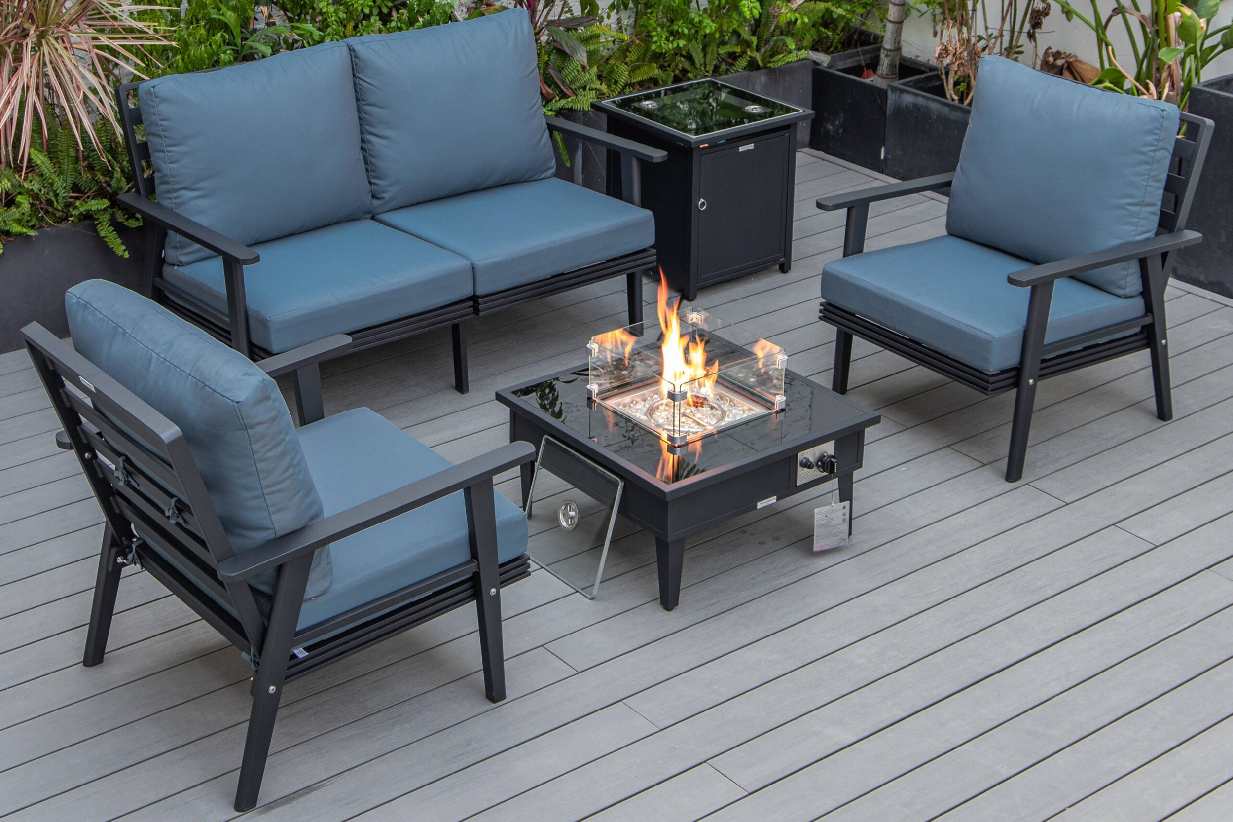 LeisureMod Walbrooke Modern Black Patio Conversation With Square Fire Pit & Tank Holder