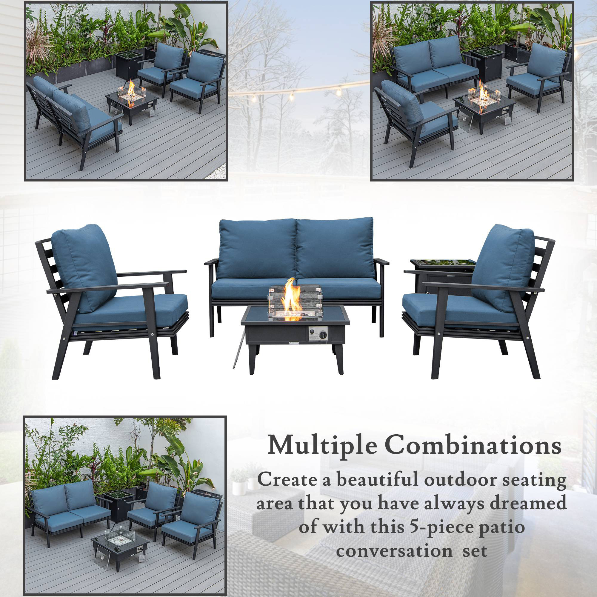 LeisureMod Walbrooke Modern Black Patio Conversation With Square Fire Pit & Tank Holder - Navy Blue