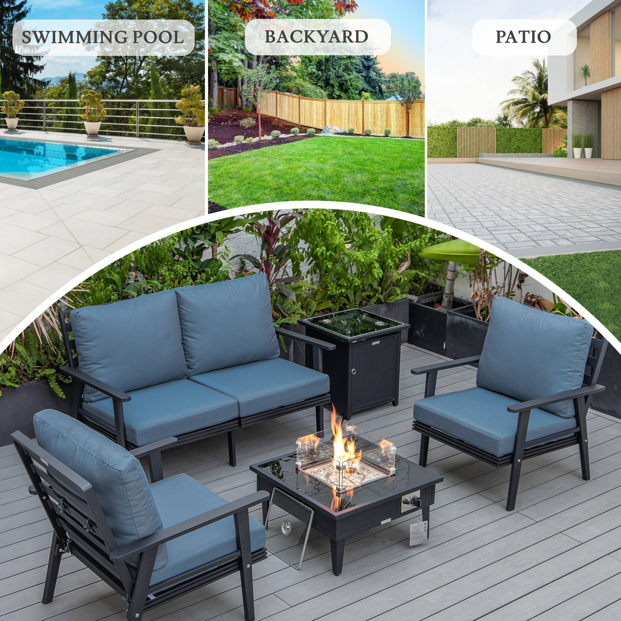 LeisureMod Walbrooke Modern Black Patio Conversation With Square Fire Pit & Tank Holder - Navy Blue