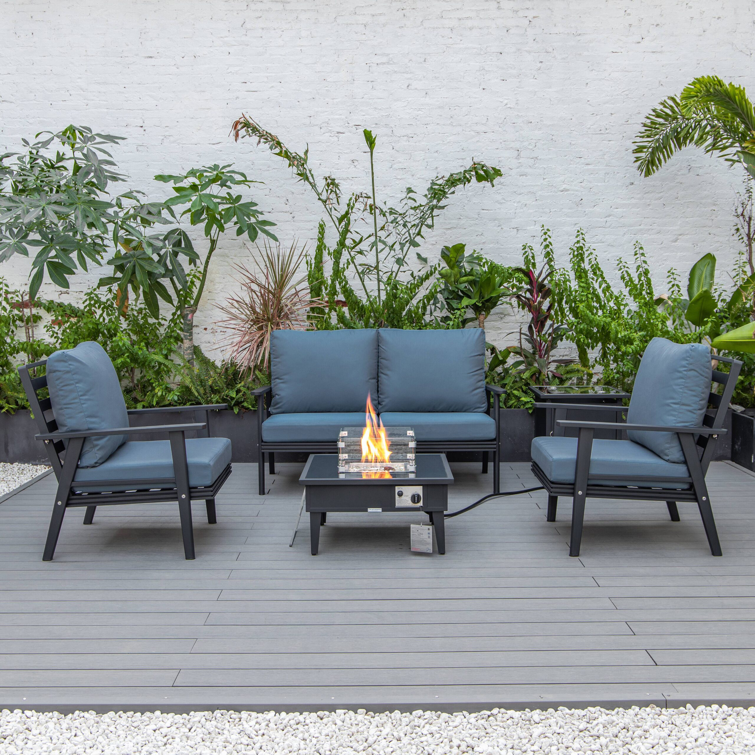 LeisureMod Walbrooke Modern Black Patio Conversation With Square Fire Pit & Tank Holder - Navy Blue