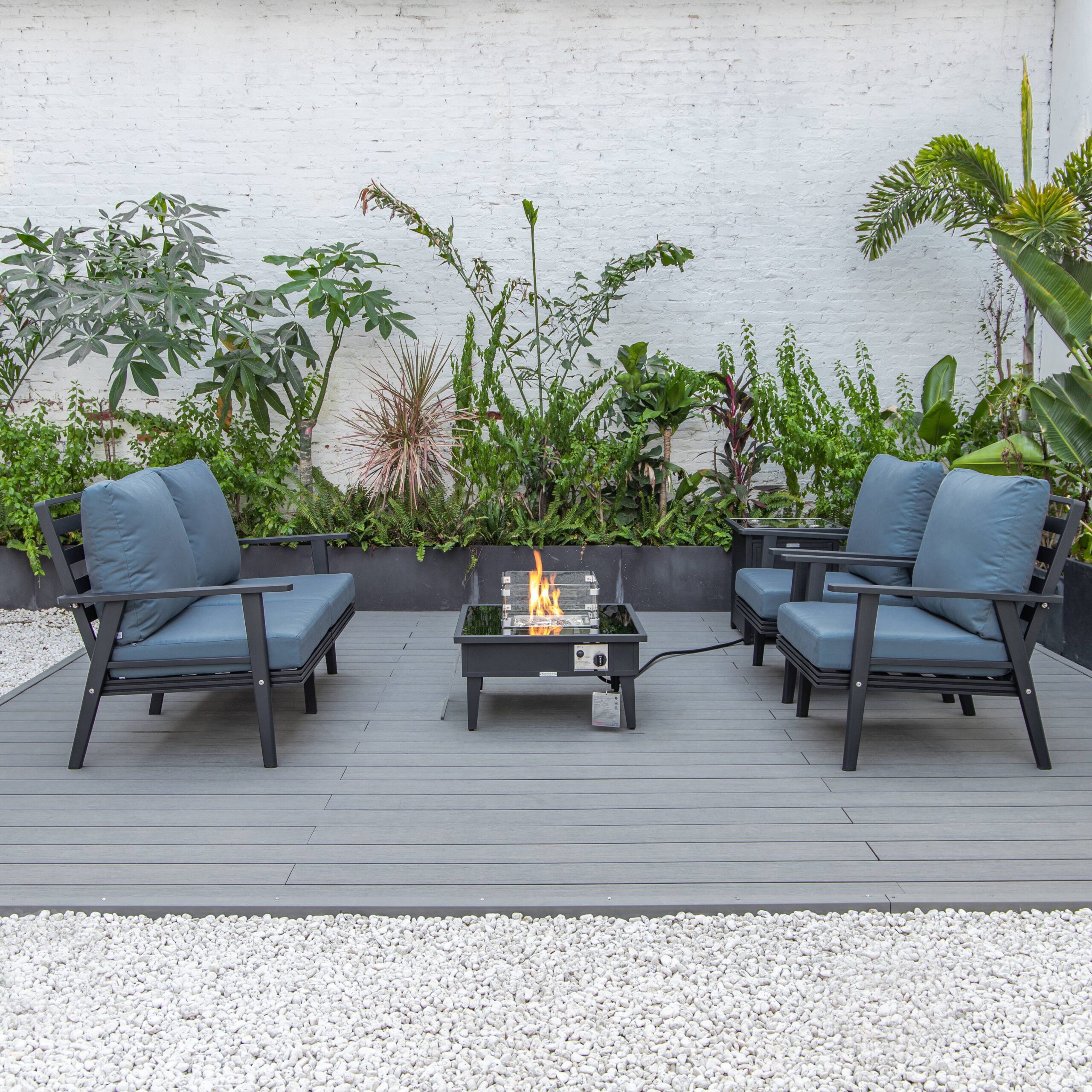 LeisureMod Walbrooke Modern Black Patio Conversation With Square Fire Pit & Tank Holder - Navy Blue