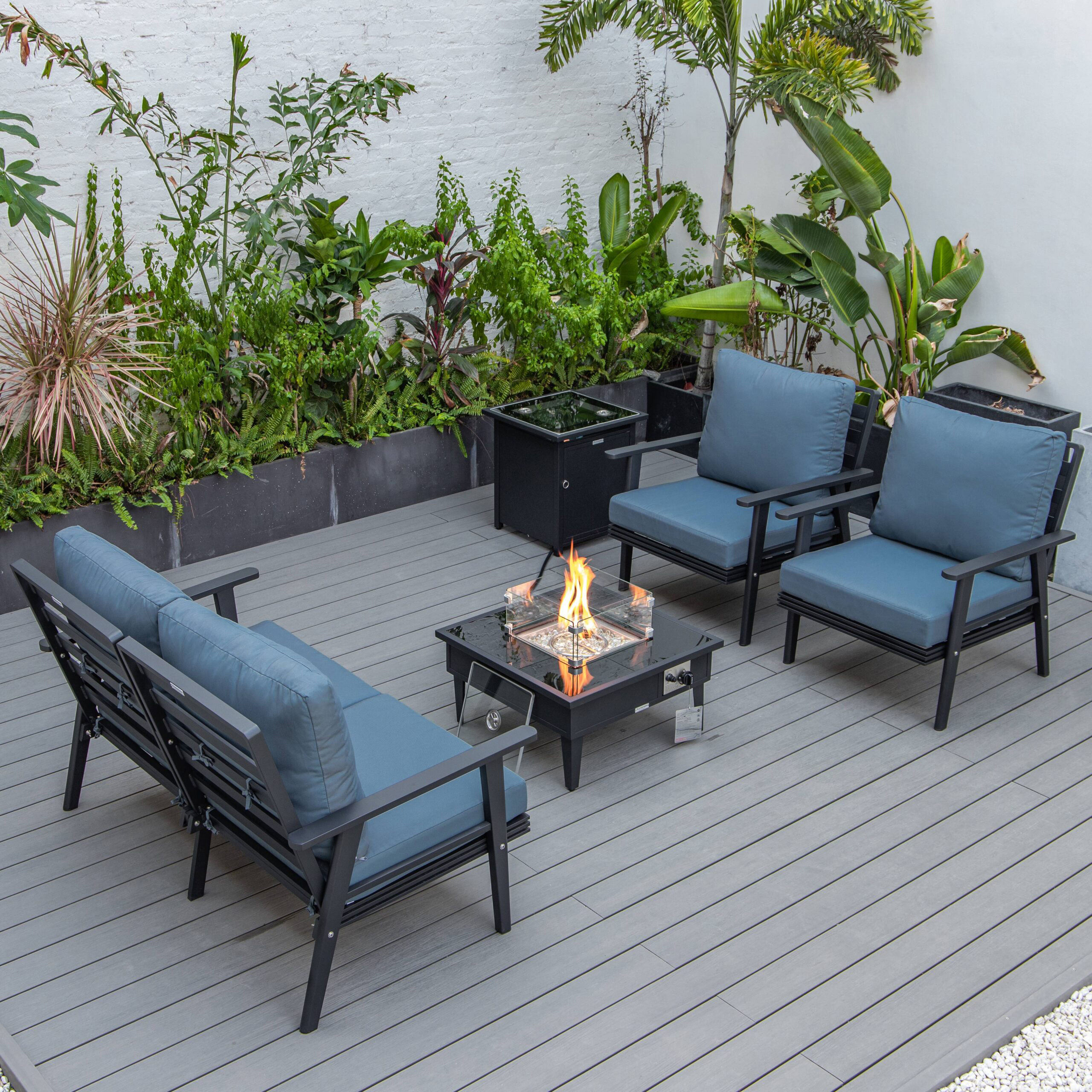 LeisureMod Walbrooke Modern Black Patio Conversation With Square Fire Pit & Tank Holder - Navy Blue