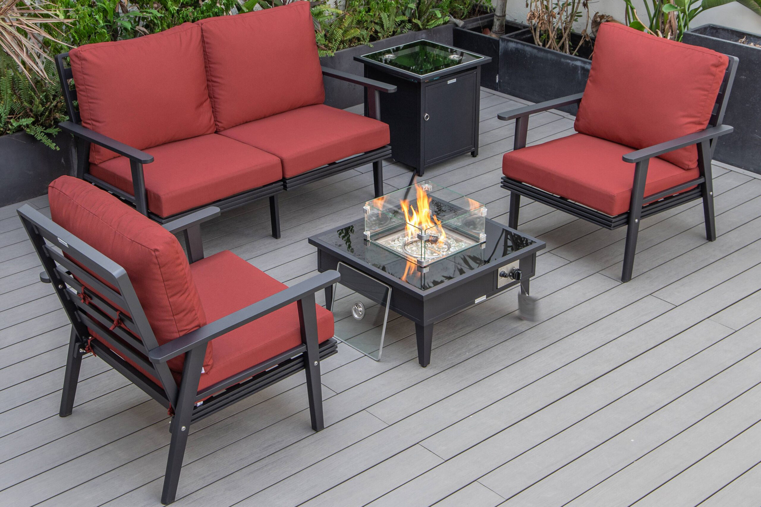 LeisureMod Walbrooke Modern Black Patio Conversation With Square Fire Pit & Tank Holder