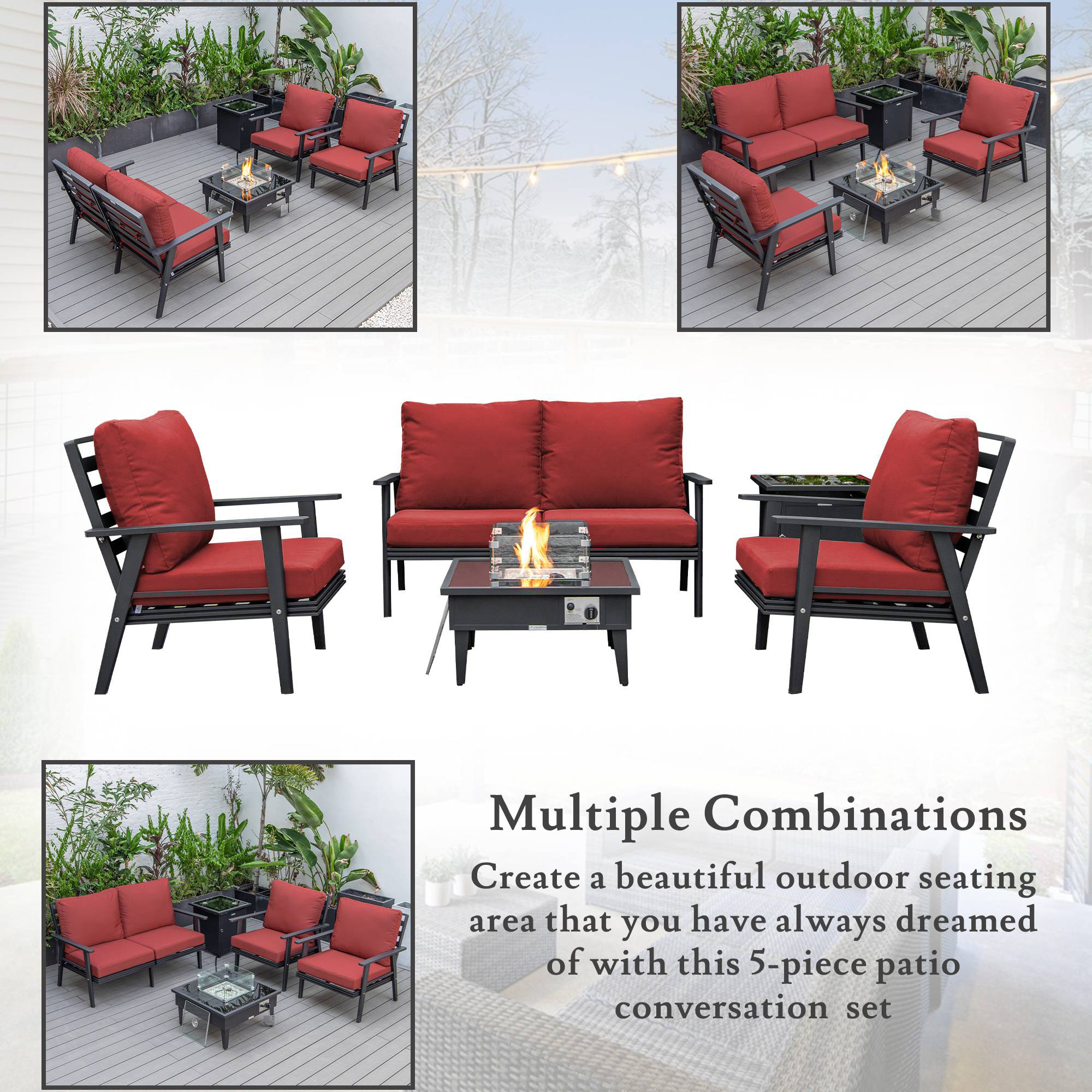 LeisureMod Walbrooke Modern Black Patio Conversation With Square Fire Pit & Tank Holder - Red