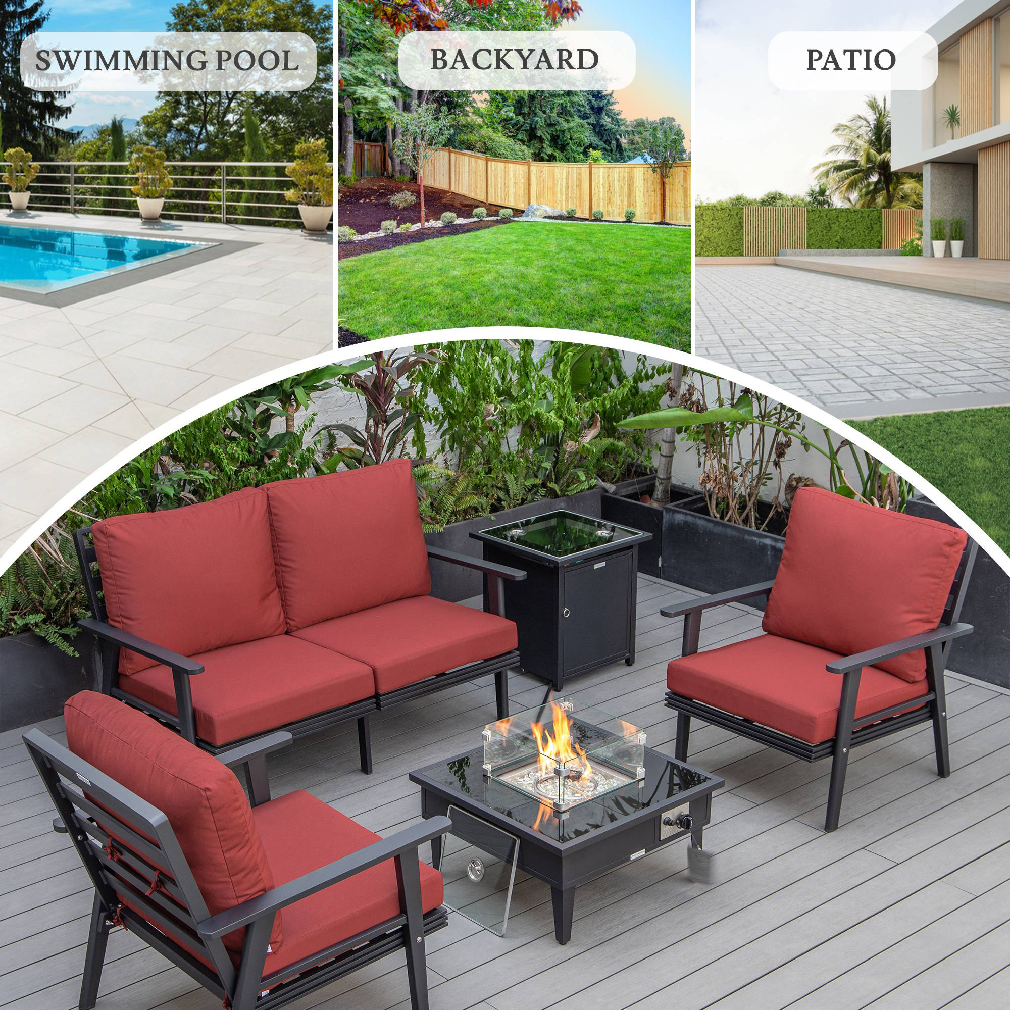 LeisureMod Walbrooke Modern Black Patio Conversation With Square Fire Pit & Tank Holder - Red