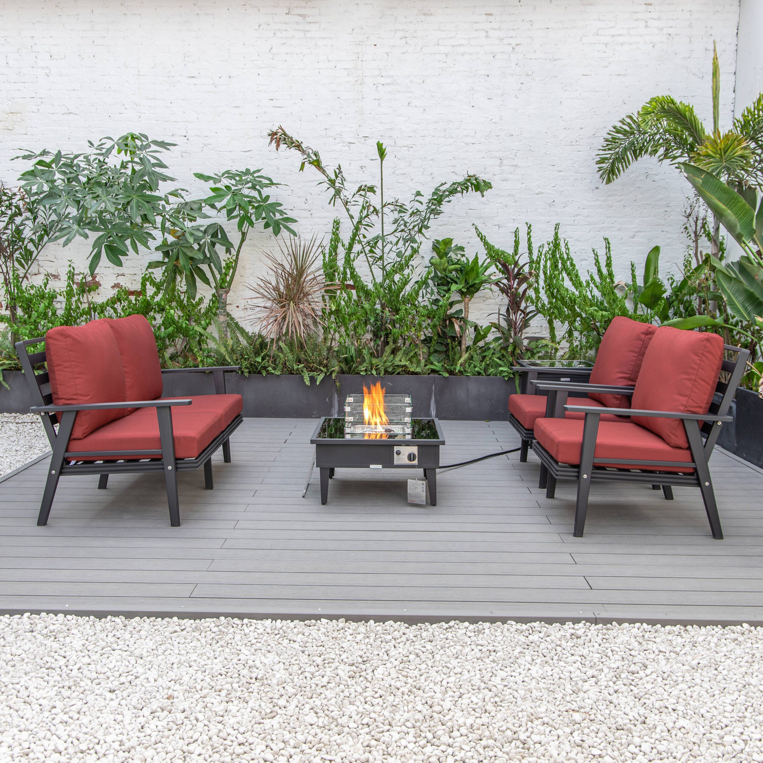 LeisureMod Walbrooke Modern Black Patio Conversation With Square Fire Pit & Tank Holder - Red