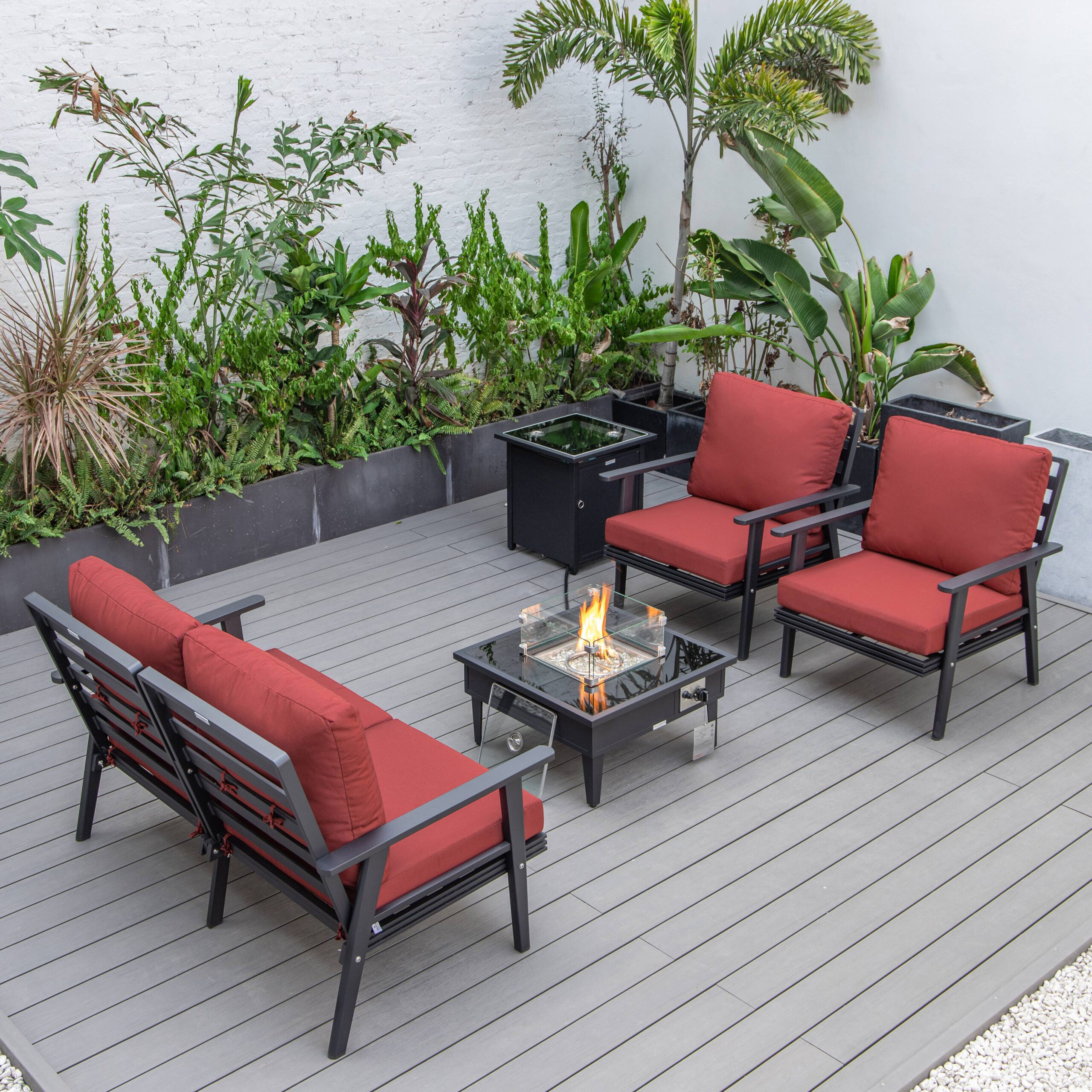 LeisureMod Walbrooke Modern Black Patio Conversation With Square Fire Pit & Tank Holder - Red