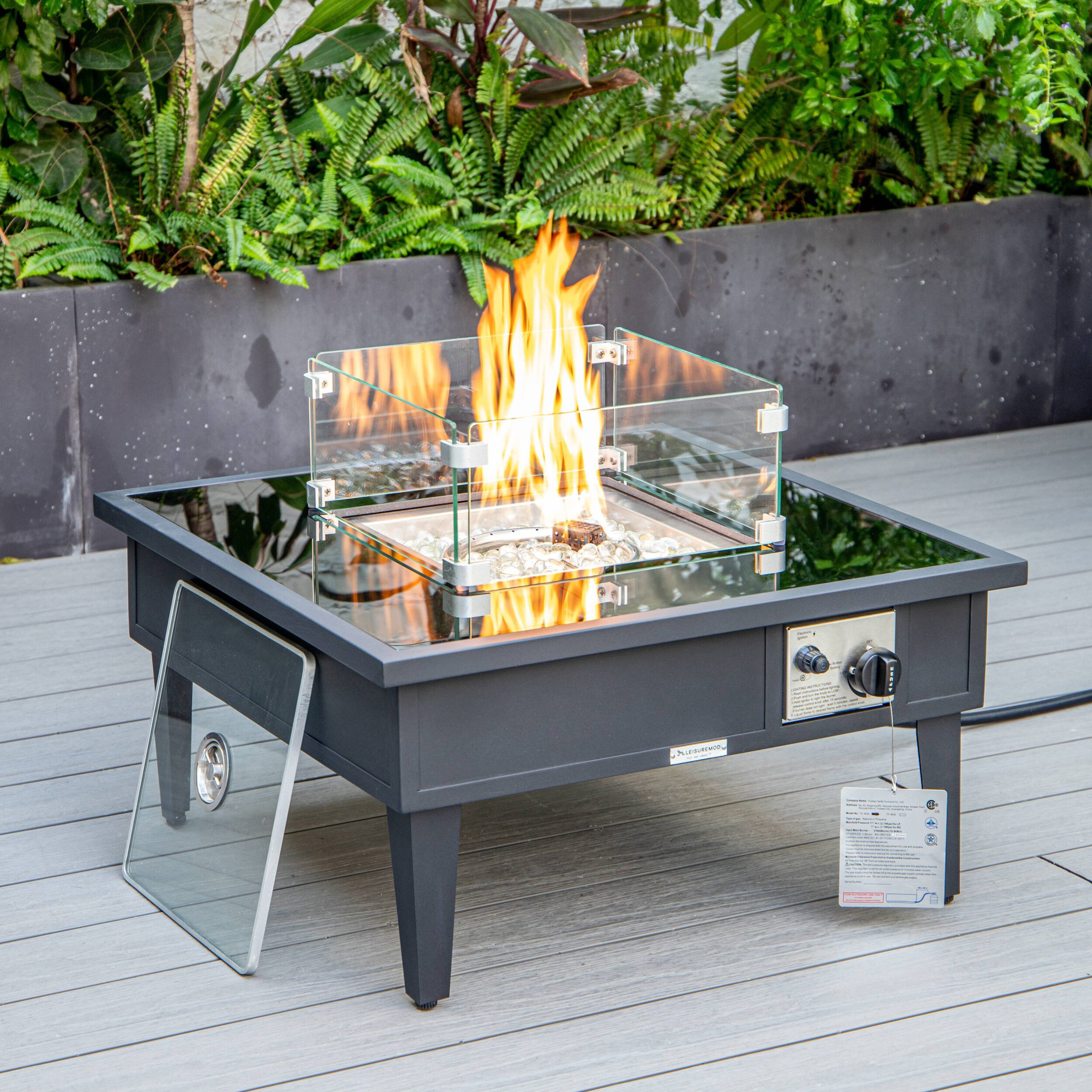 LeisureMod Walbrooke Outdoor Patio Square Fire Pit and Tank Holder - Black