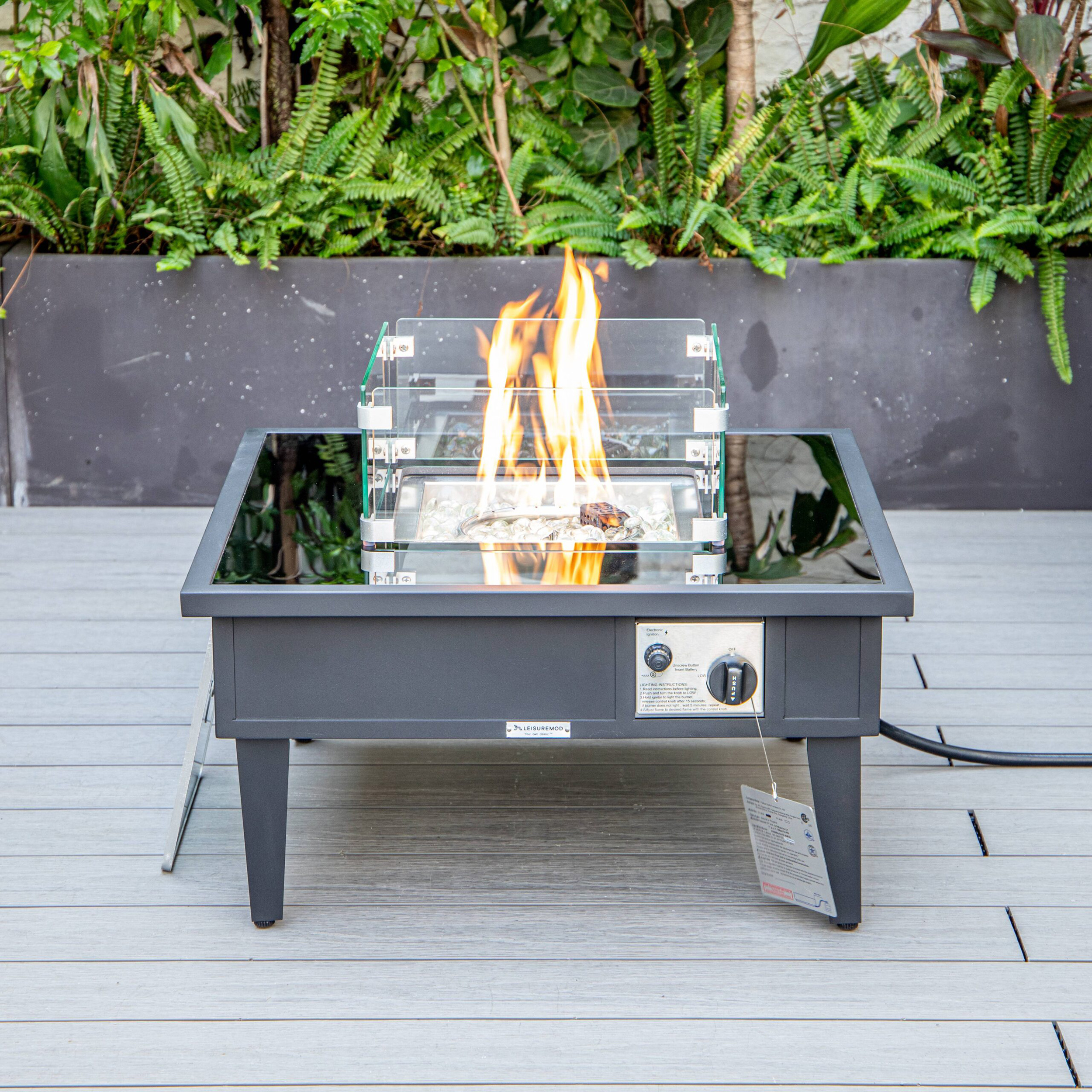 LeisureMod Walbrooke Modern Outdoor Square Fire Pit Table with Powder-Coated Aluminum Frame - Black