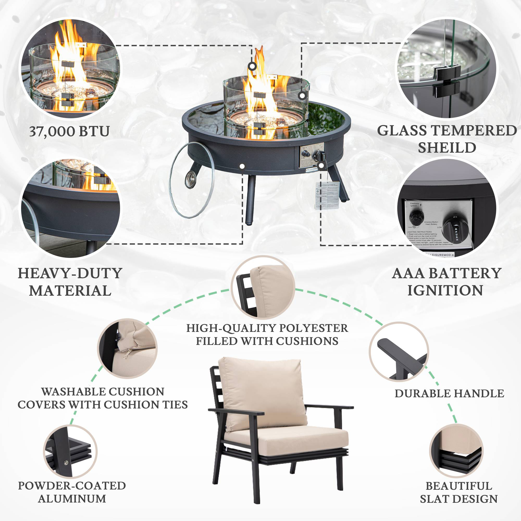 LeisureMod™ Walbrooke Modern Black Patio Conversation With Round Fire Pit & Tank Holder - Beige