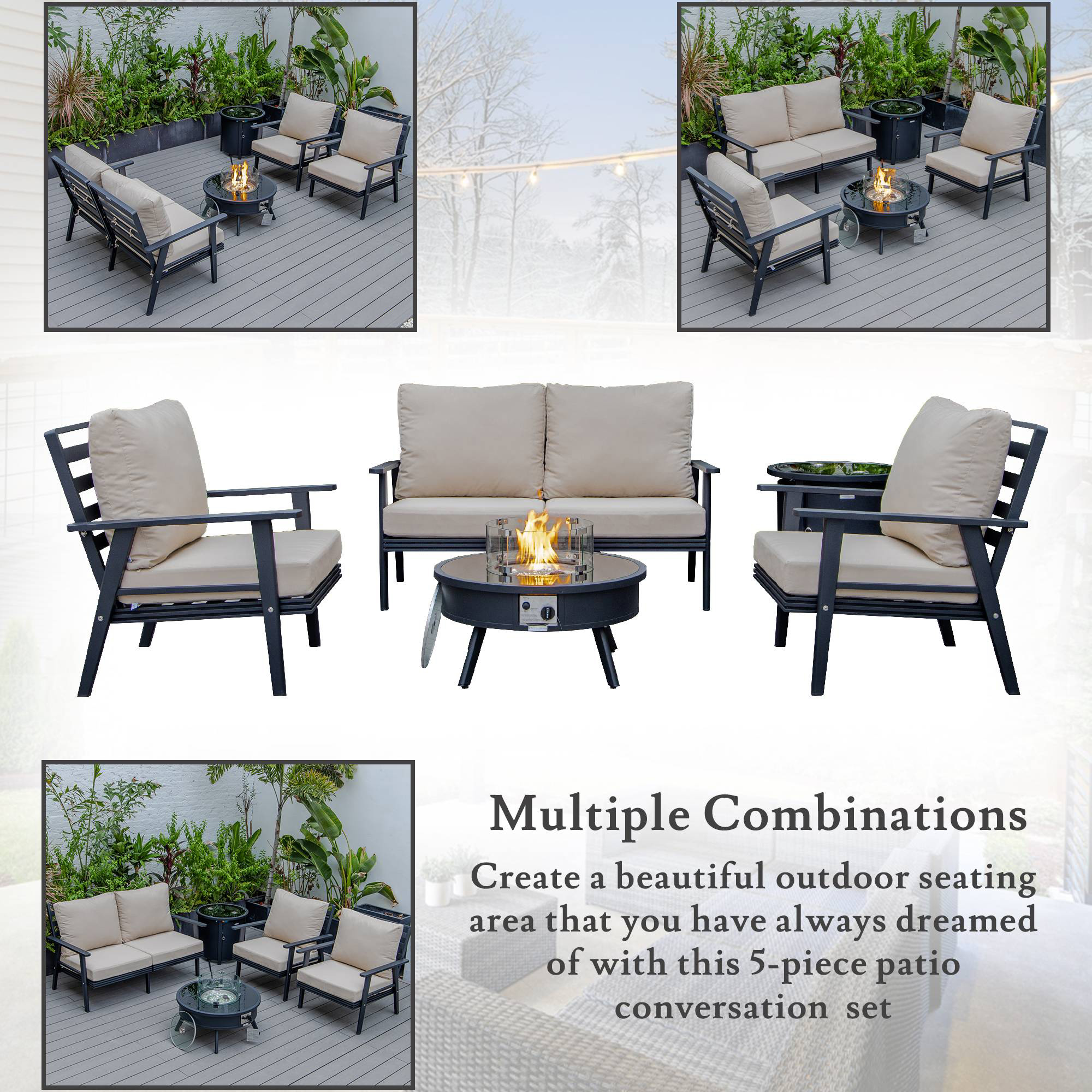 LeisureMod™ Walbrooke Modern Black Patio Conversation With Round Fire Pit & Tank Holder - Beige