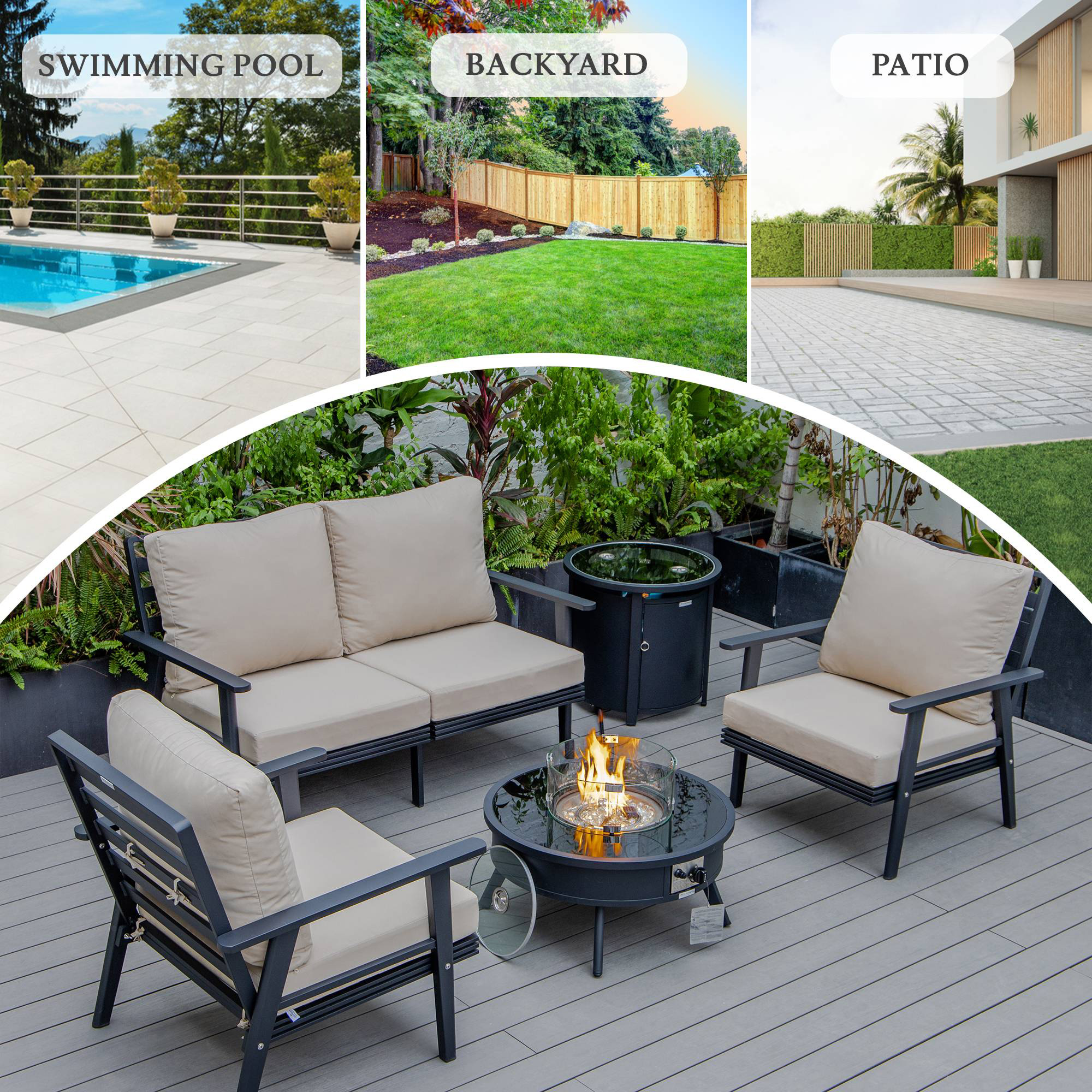 LeisureMod™ Walbrooke Modern Black Patio Conversation With Round Fire Pit & Tank Holder - Beige