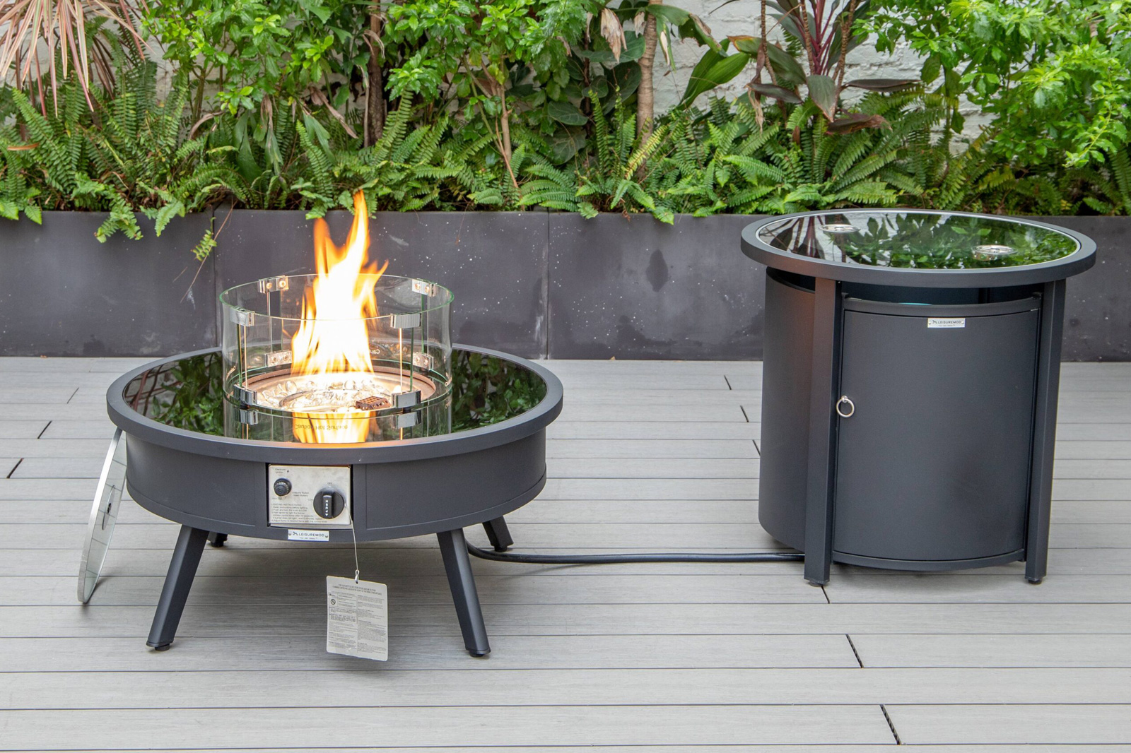 LeisureMod™ Walbrooke Modern Black Patio Conversation With Round Fire Pit & Tank Holder - Beige