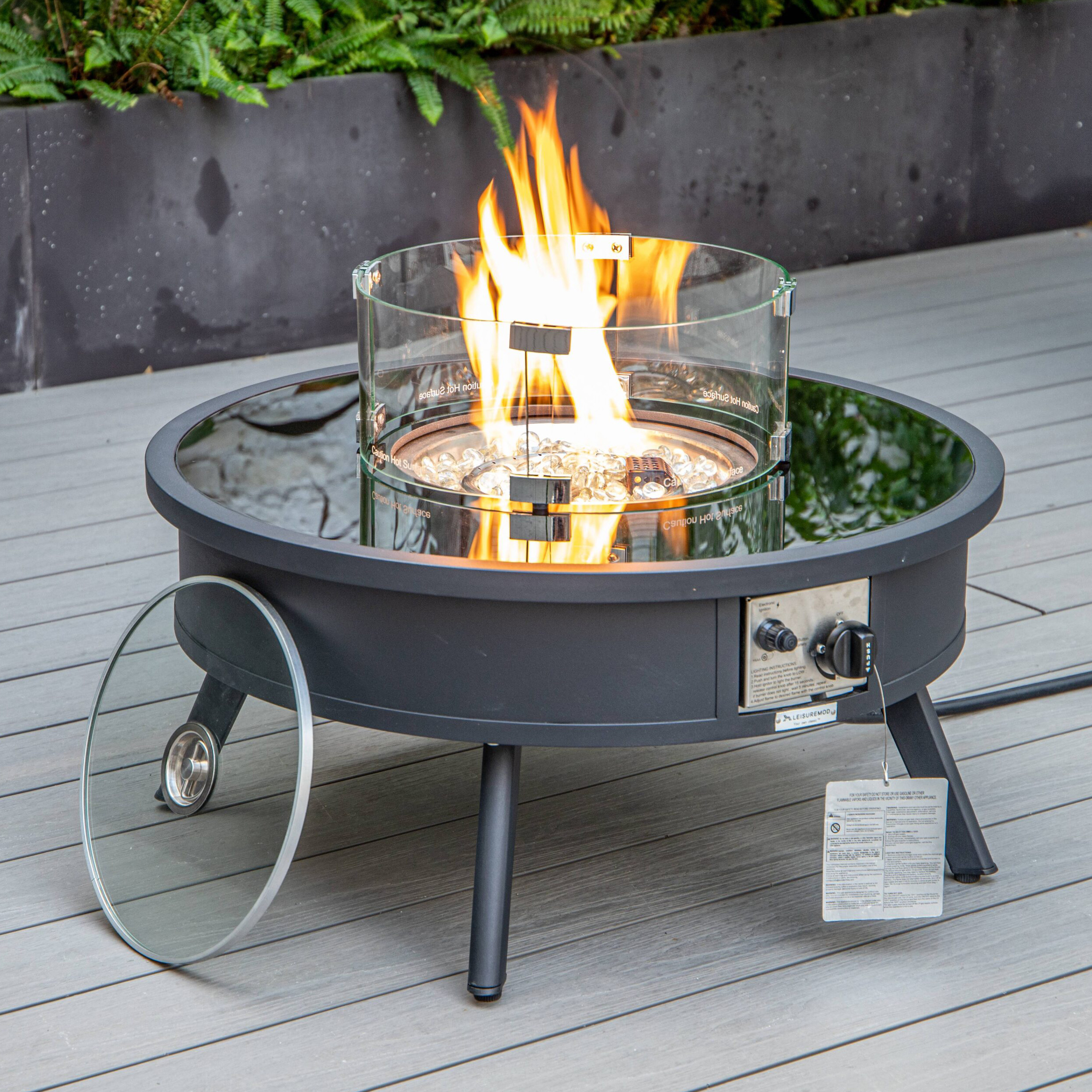 LeisureMod™ Walbrooke Modern Black Patio Conversation With Round Fire Pit & Tank Holder - Beige