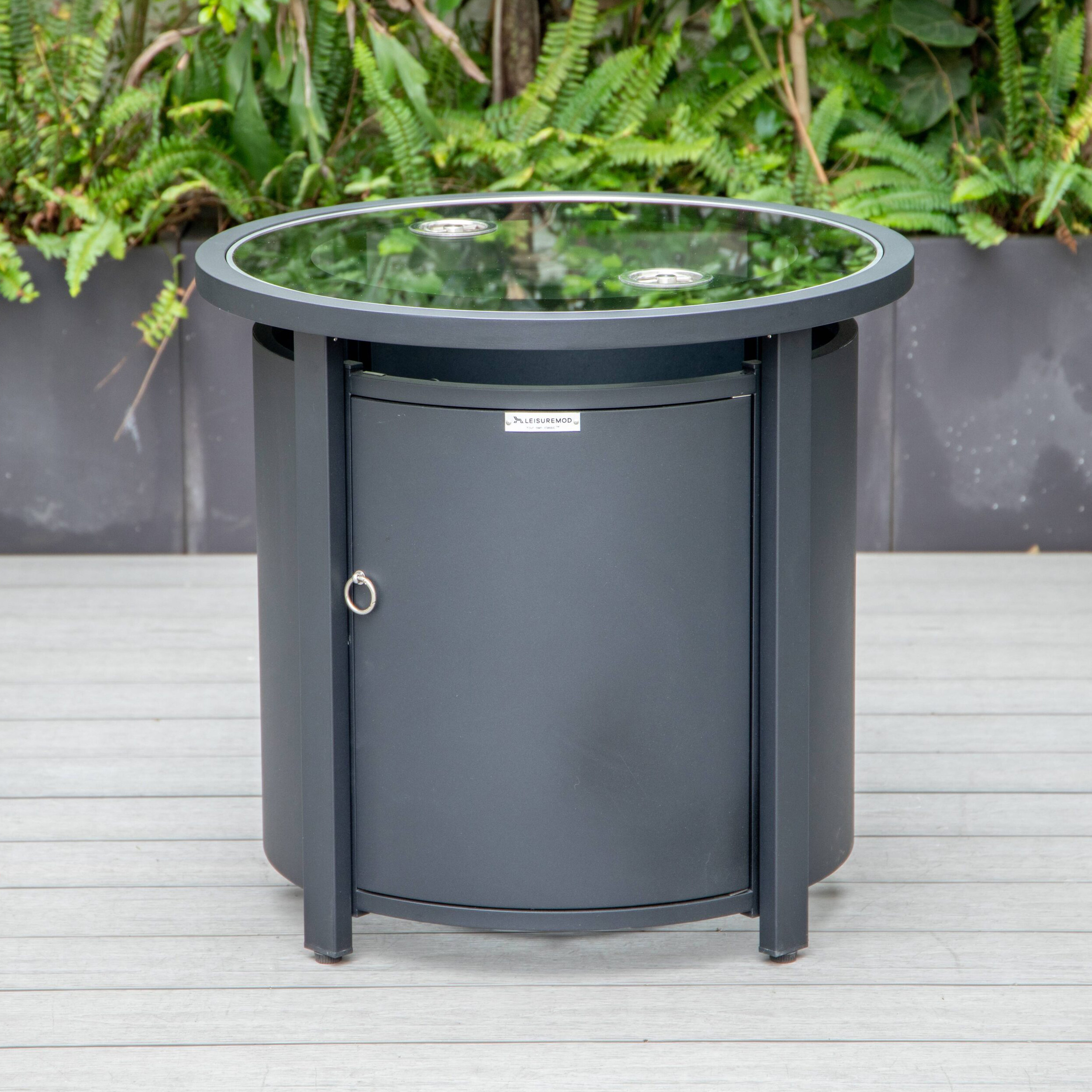 LeisureMod™ Walbrooke Modern Black Patio Conversation With Round Fire Pit & Tank Holder - Beige