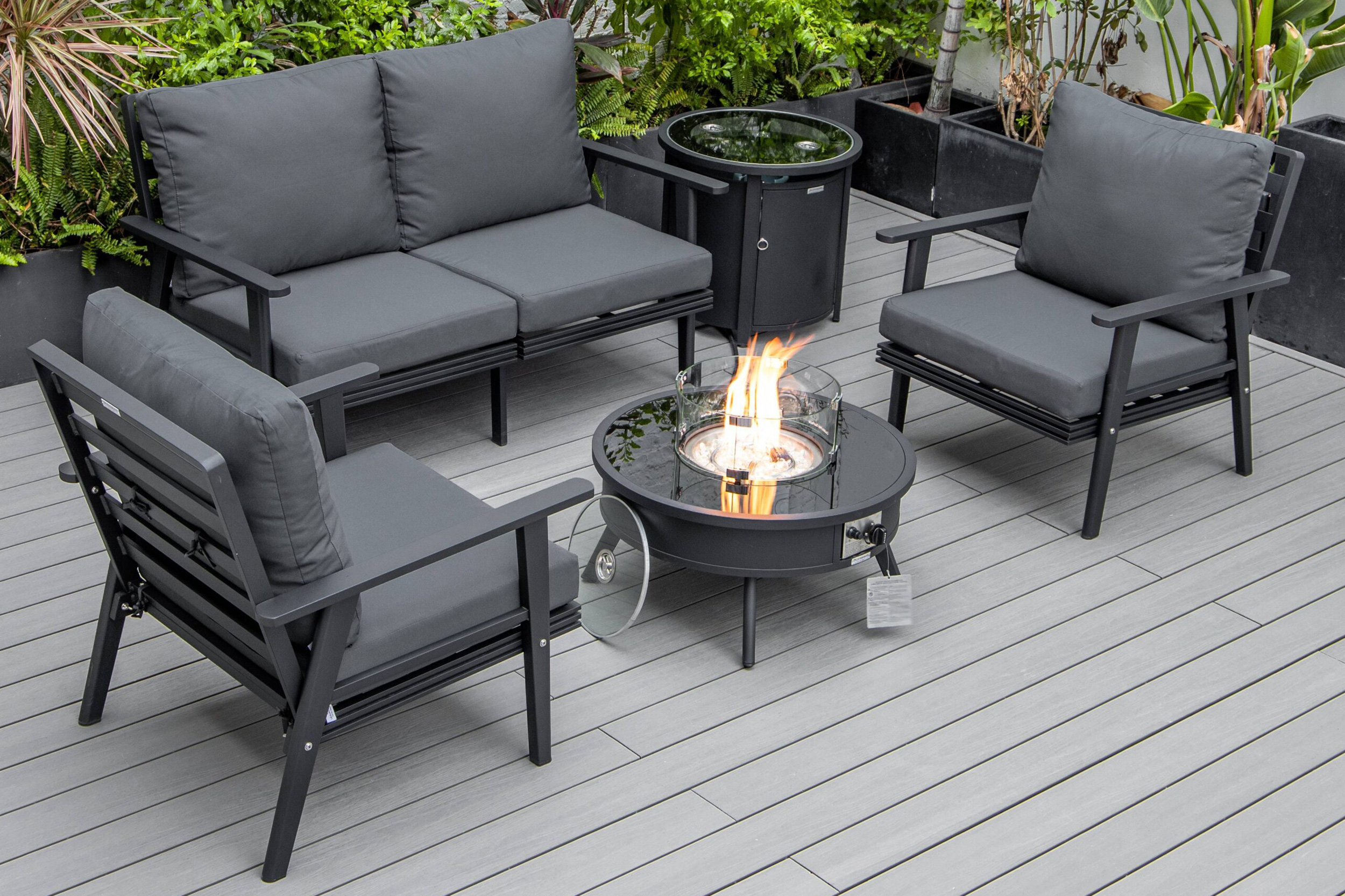 LeisureMod Walbrooke Modern Black Patio Conversation With Round Fire Pit & Tank Holder