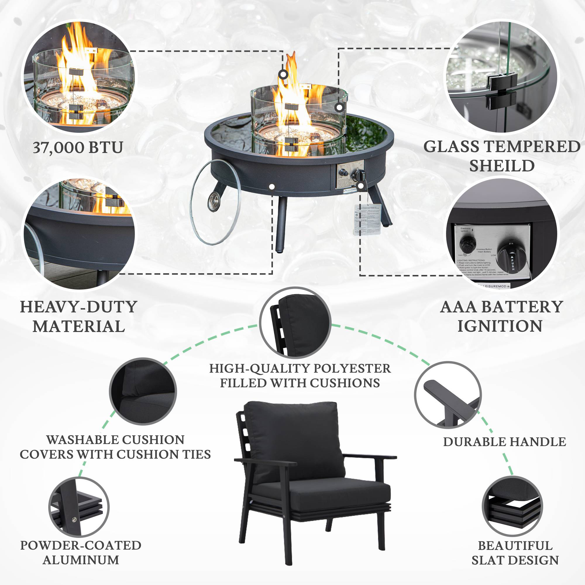 LeisureMod Walbrooke Modern Black Patio Conversation With Round Fire Pit & Tank Holder - Charcoal