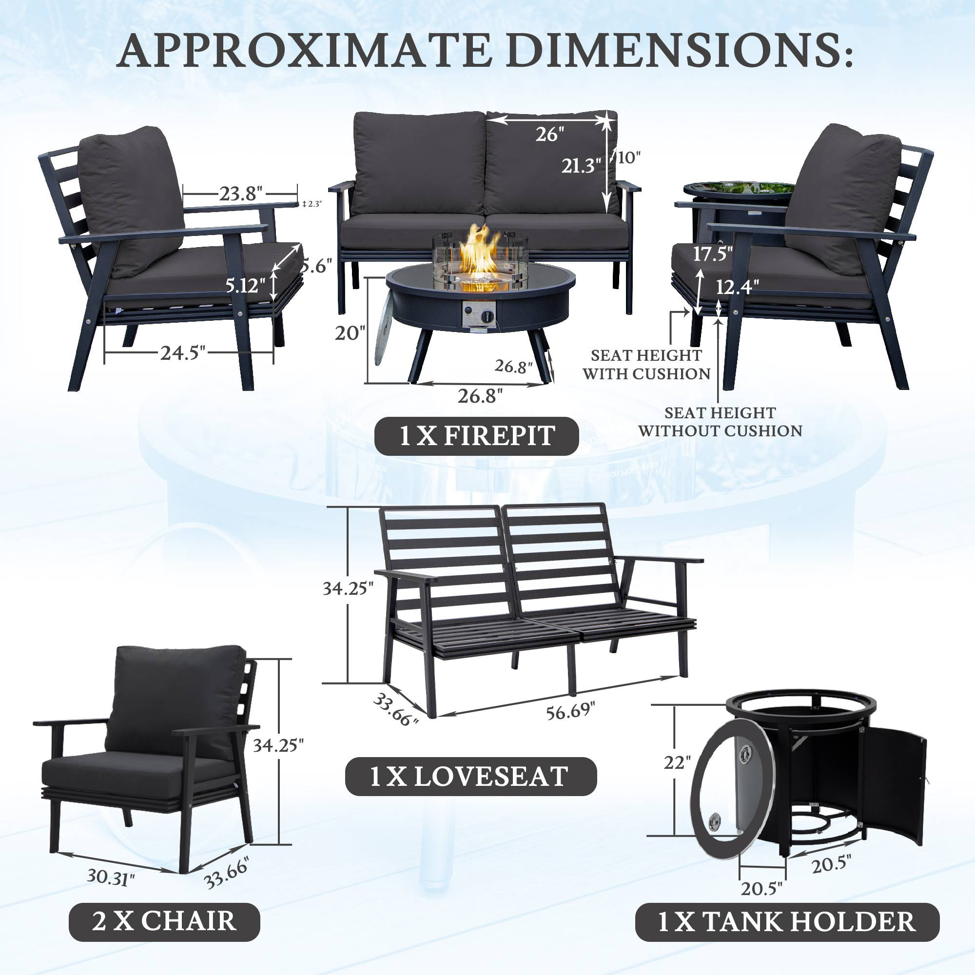 LeisureMod Walbrooke Modern Black Patio Conversation With Round Fire Pit & Tank Holder - Charcoal