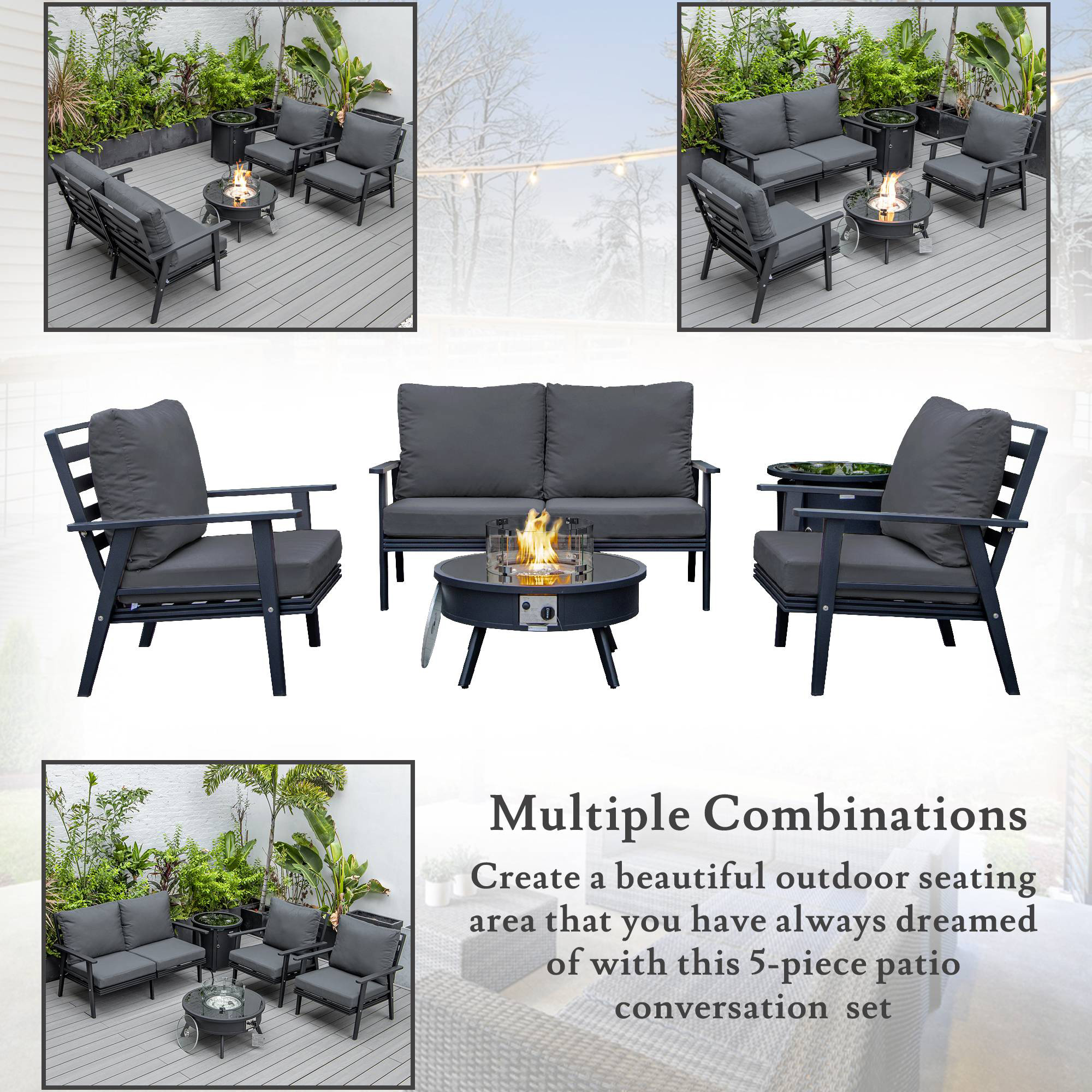 LeisureMod Walbrooke Modern Black Patio Conversation With Round Fire Pit & Tank Holder - Charcoal