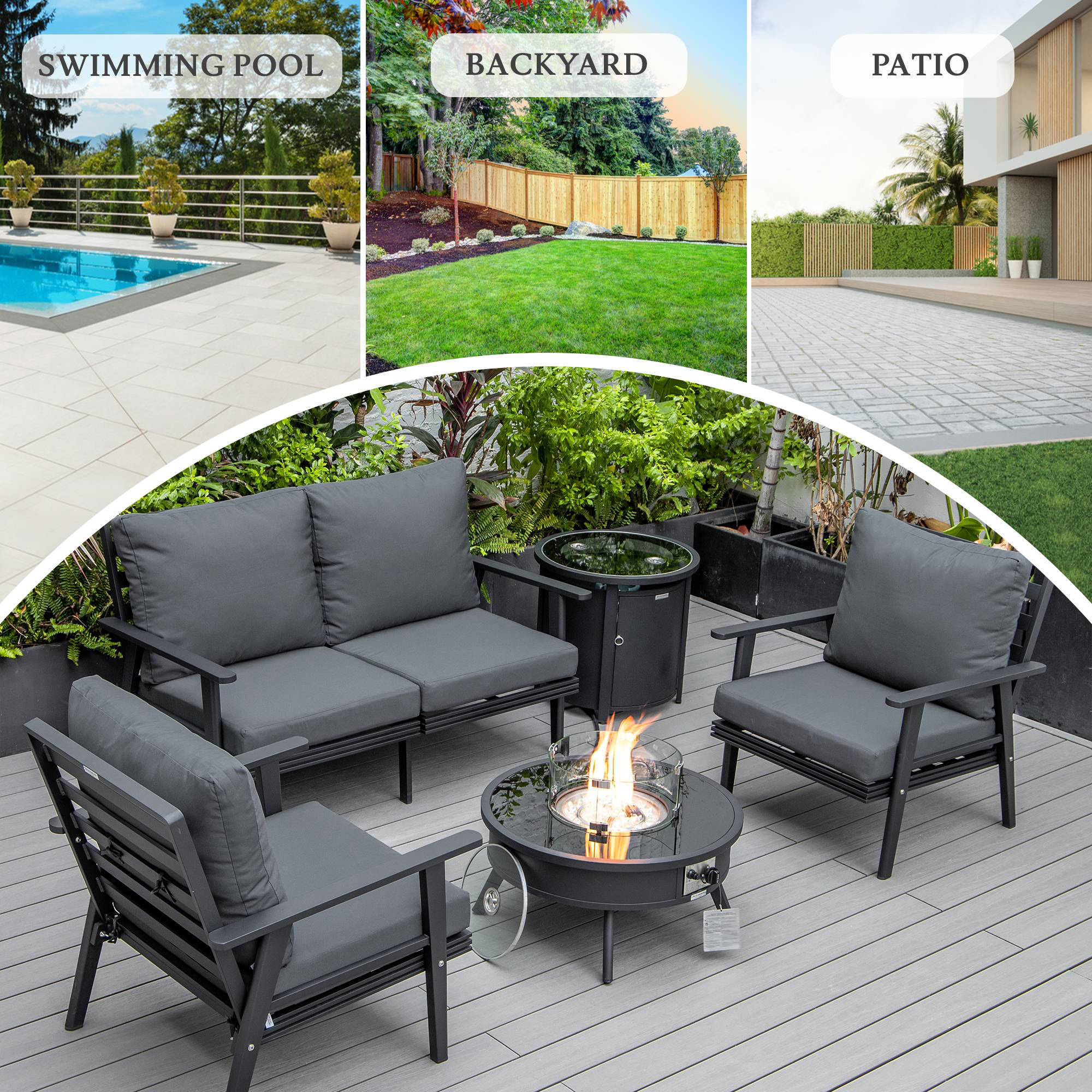 LeisureMod Walbrooke Modern Black Patio Conversation With Round Fire Pit & Tank Holder - Charcoal