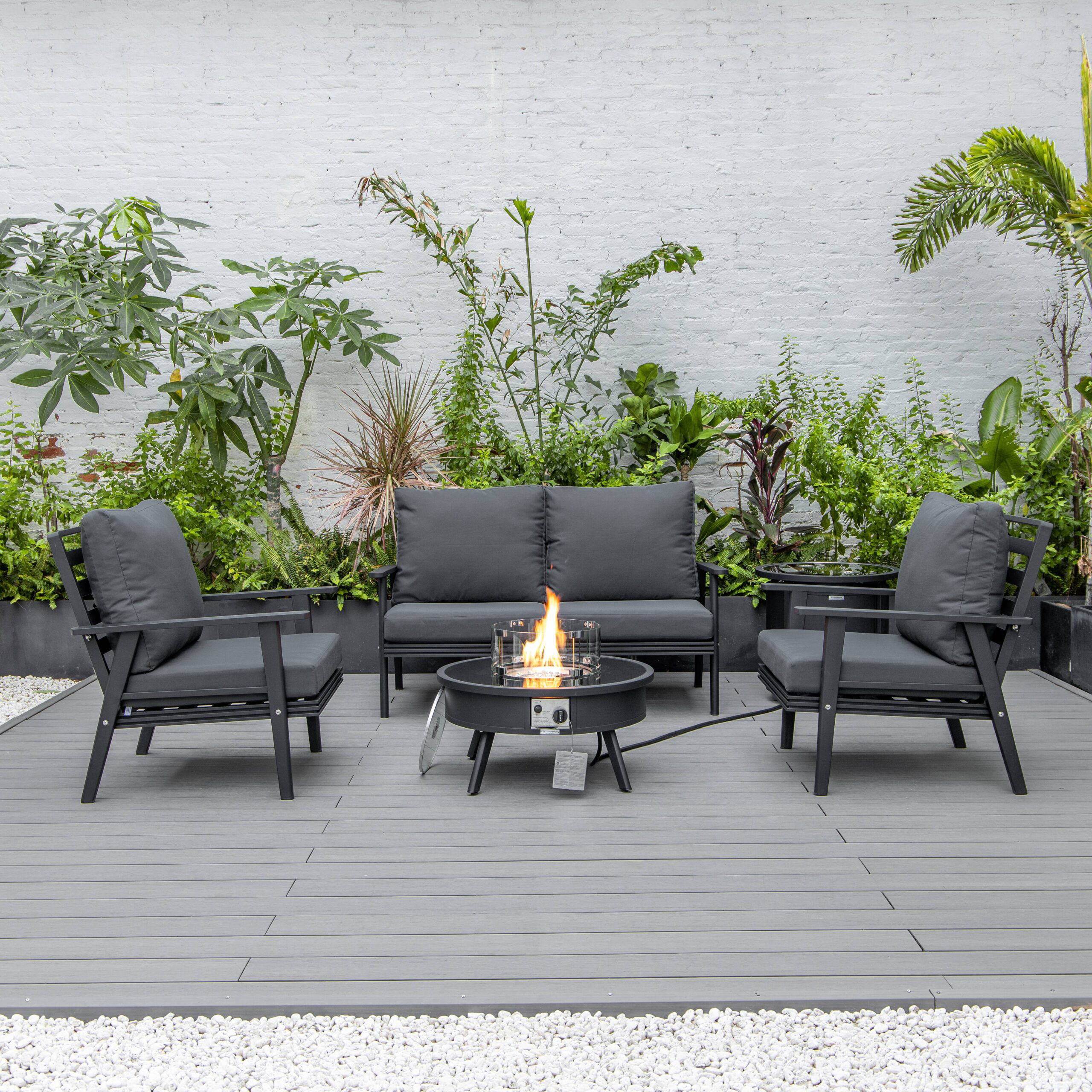 LeisureMod Walbrooke Modern Black Patio Conversation With Round Fire Pit & Tank Holder - Charcoal