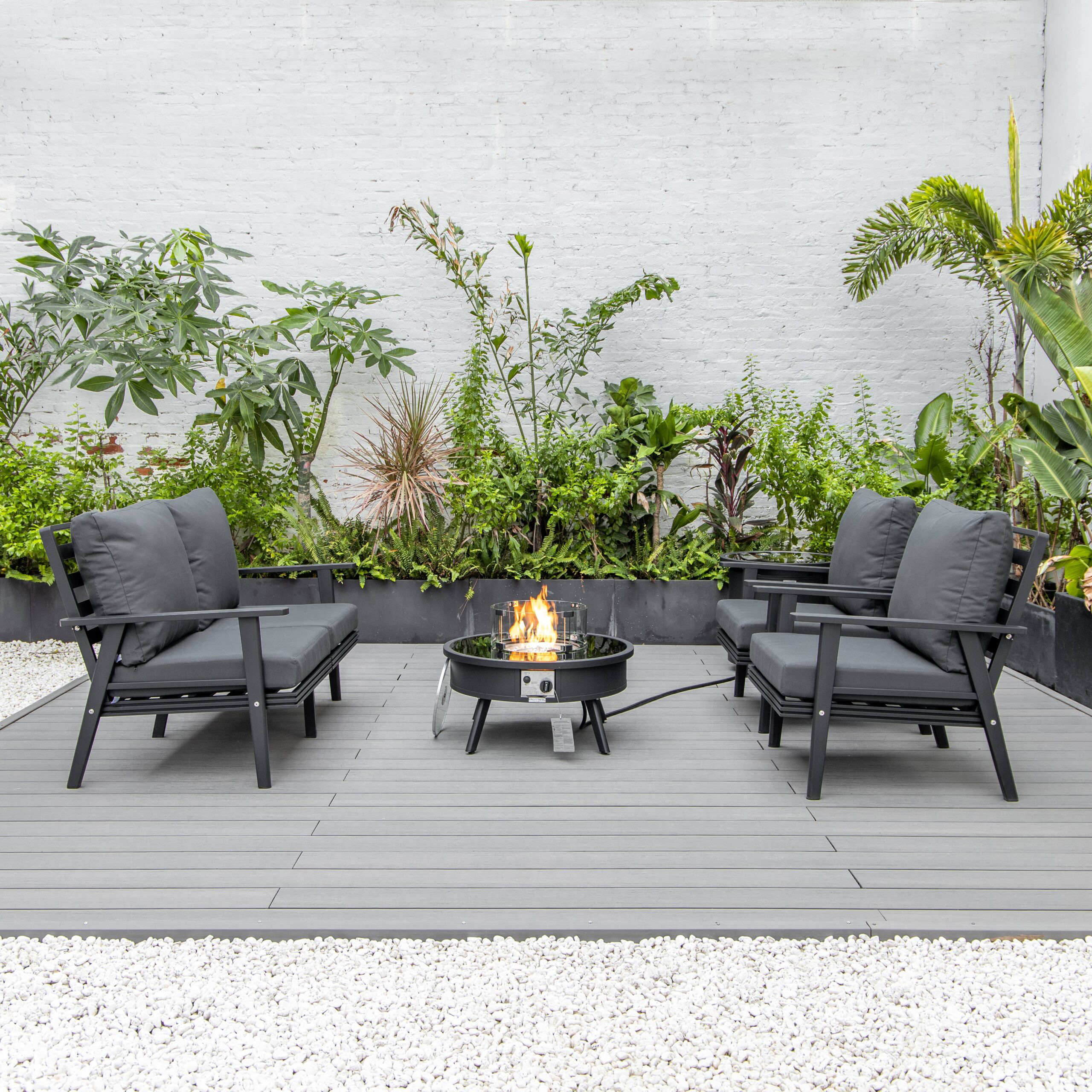 LeisureMod Walbrooke Modern Black Patio Conversation With Round Fire Pit & Tank Holder - Charcoal