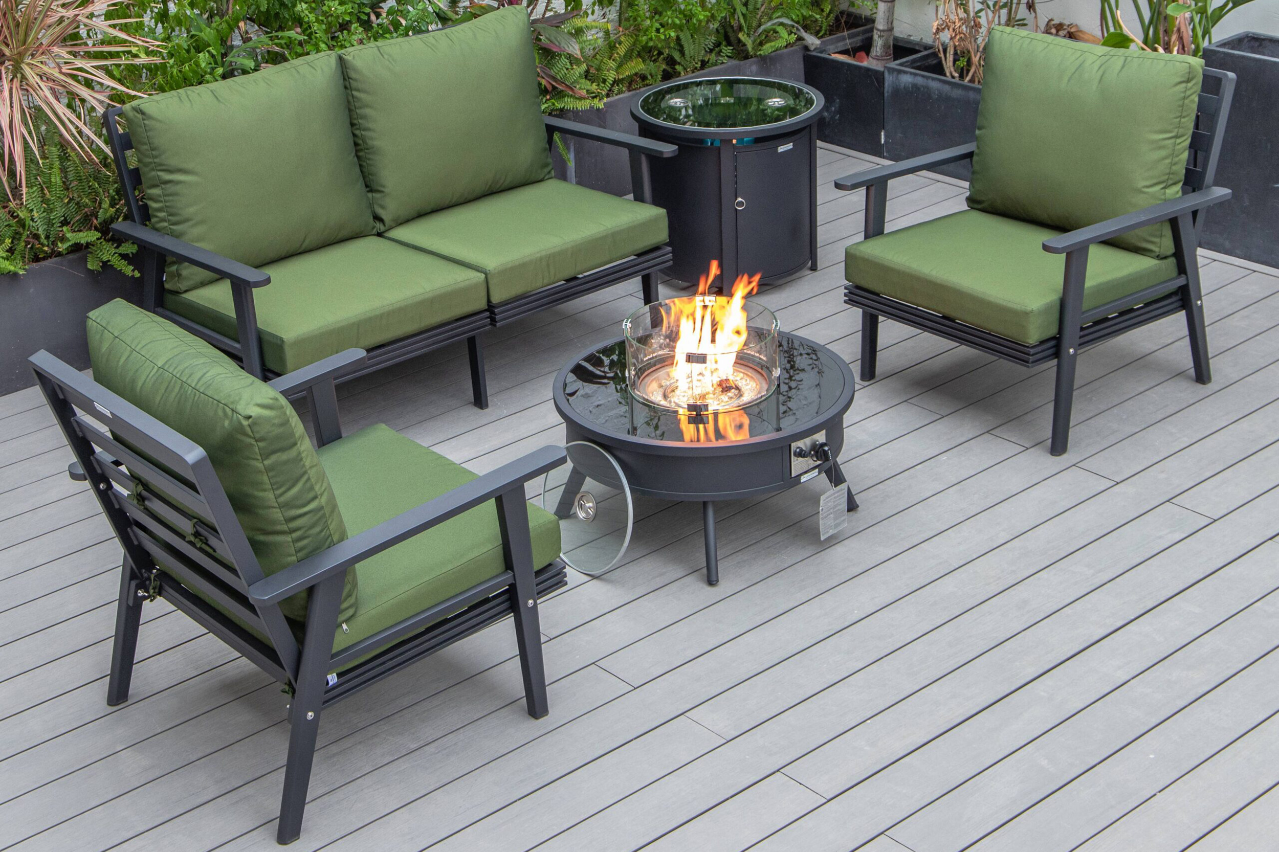 LeisureMod Walbrooke Modern Black Patio Conversation With Round Fire Pit & Tank Holder