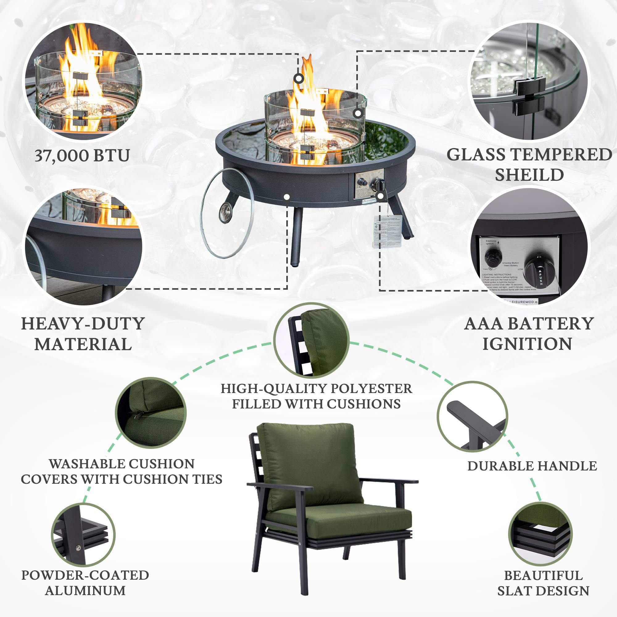 LeisureMod Walbrooke Modern Black Patio Conversation With Round Fire Pit & Tank Holder - Green