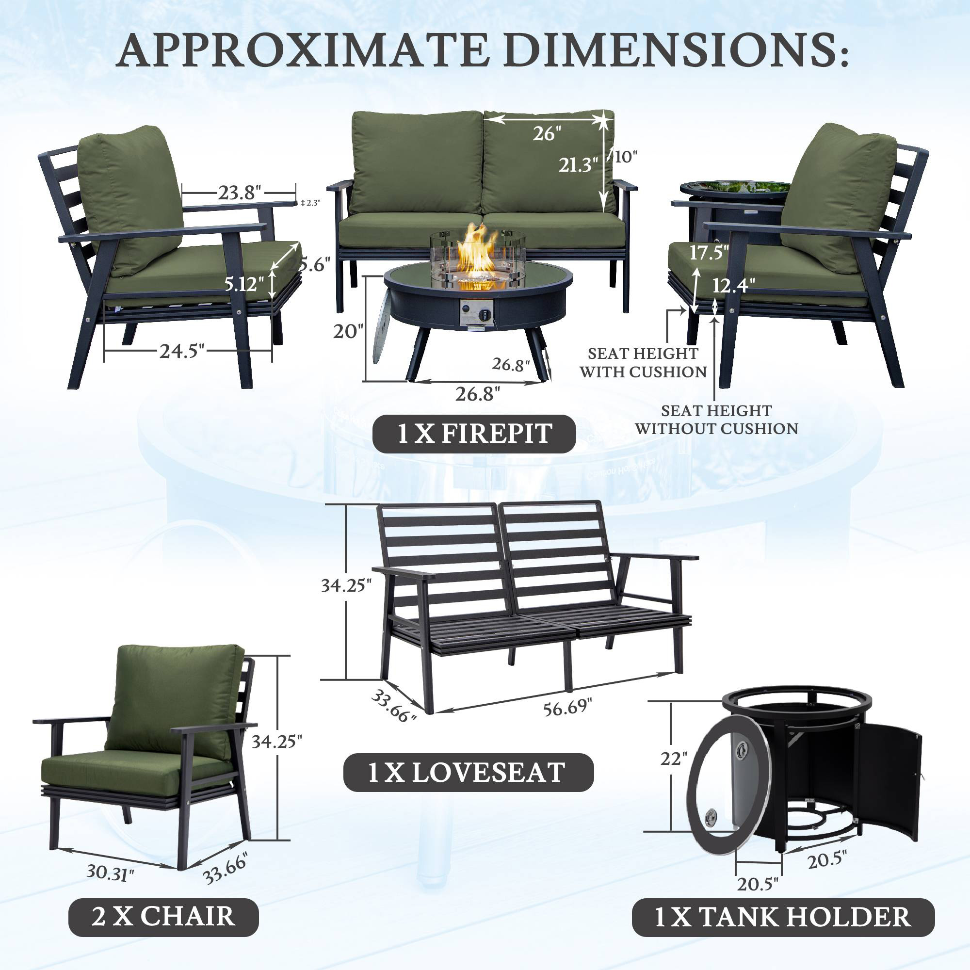 LeisureMod Walbrooke Modern Black Patio Conversation With Round Fire Pit & Tank Holder - Green