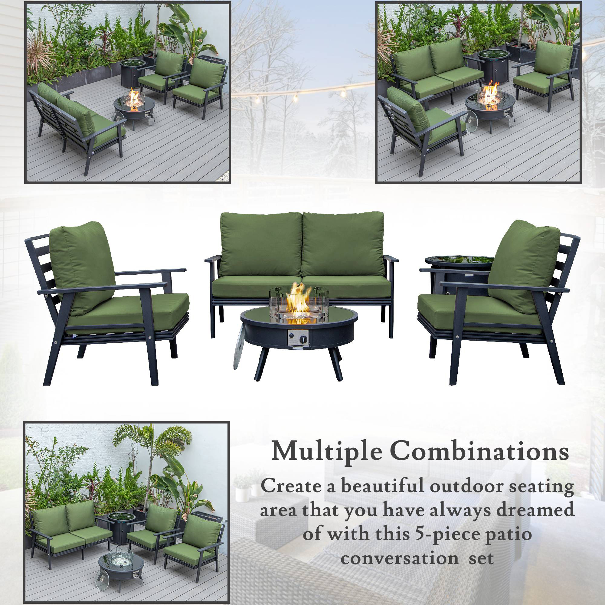 LeisureMod Walbrooke Modern Black Patio Conversation With Round Fire Pit & Tank Holder - Green