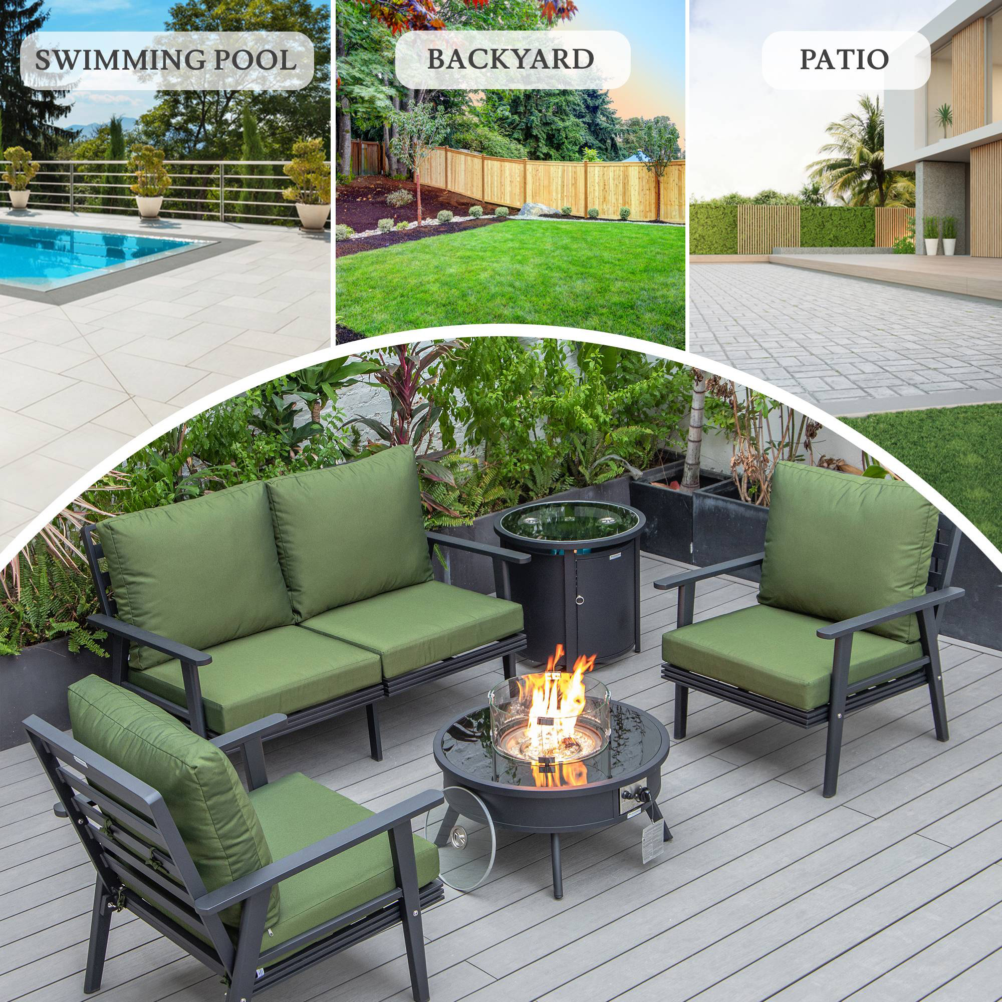 LeisureMod Walbrooke Modern Black Patio Conversation With Round Fire Pit & Tank Holder - Green