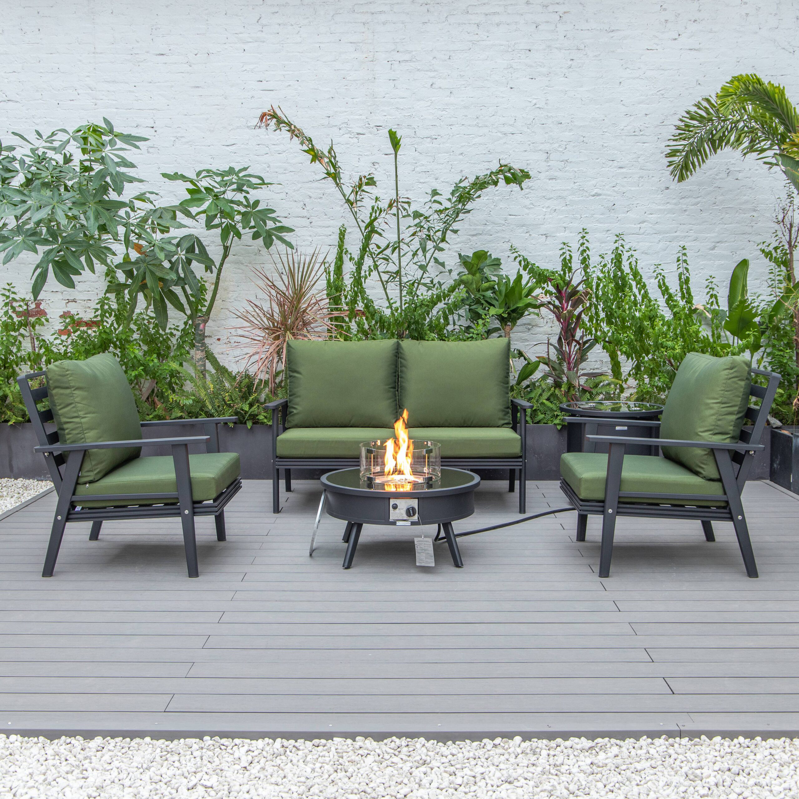 LeisureMod Walbrooke Modern Black Patio Conversation With Round Fire Pit & Tank Holder - Green