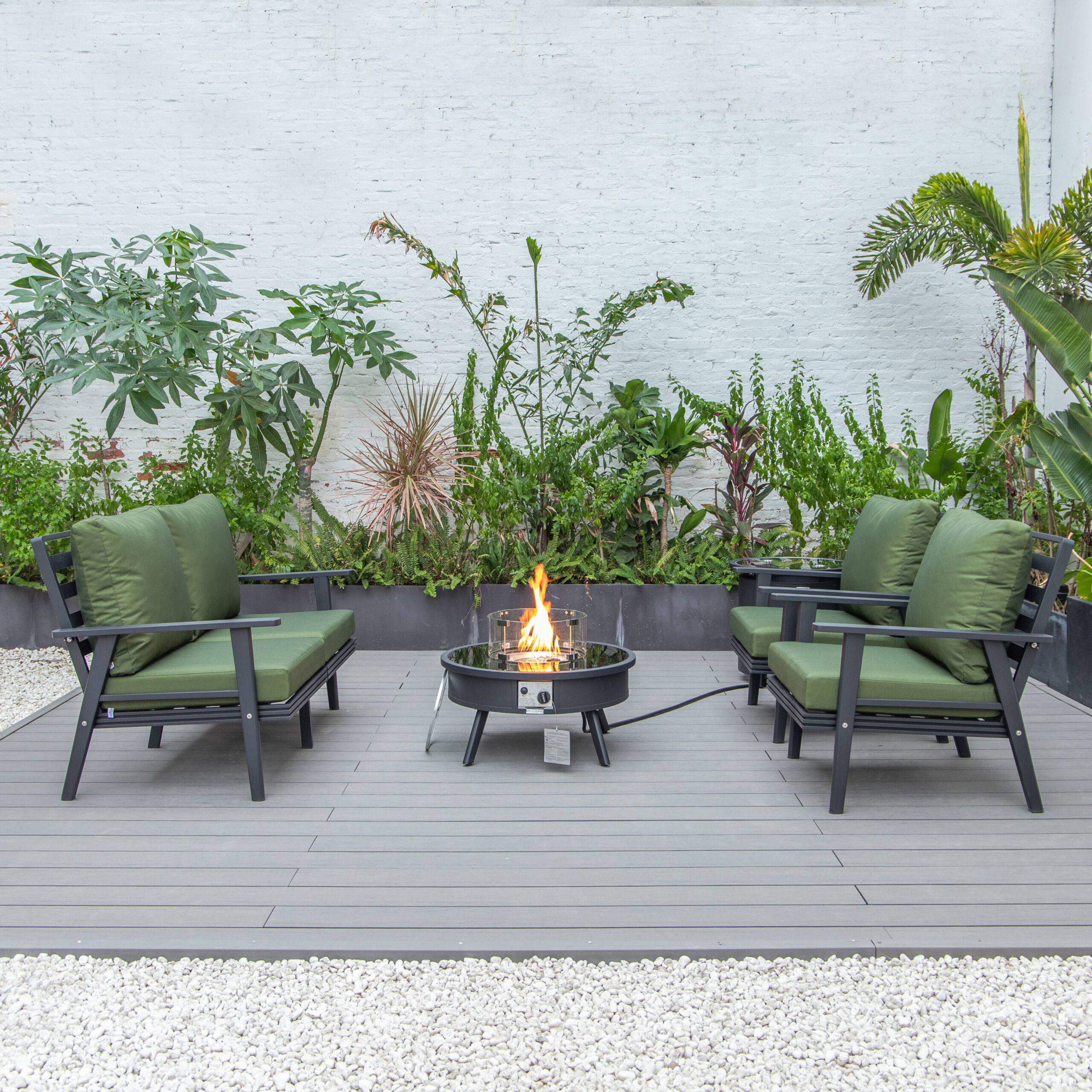 LeisureMod Walbrooke Modern Black Patio Conversation With Round Fire Pit & Tank Holder - Green