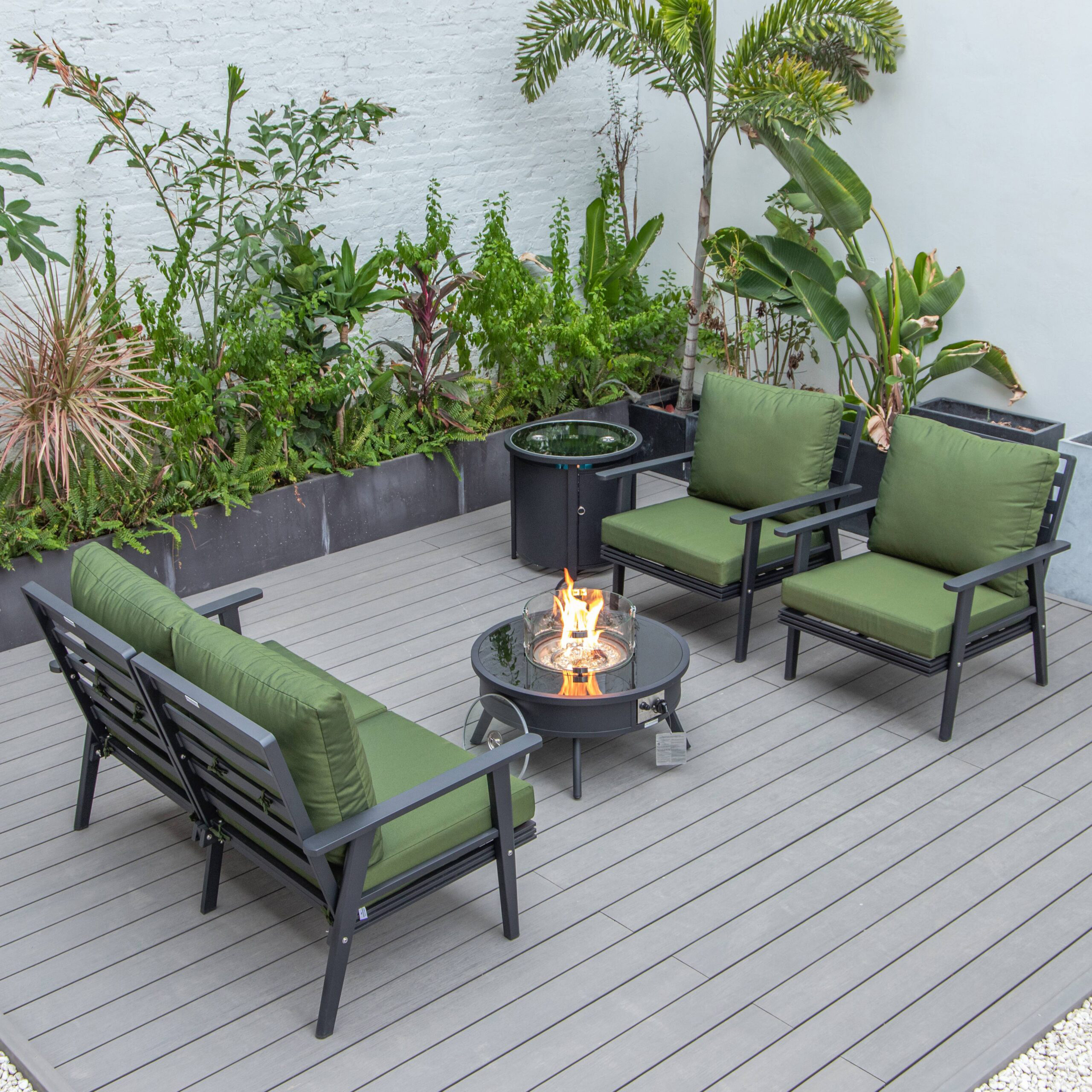 LeisureMod Walbrooke Modern Black Patio Conversation With Round Fire Pit & Tank Holder - Green