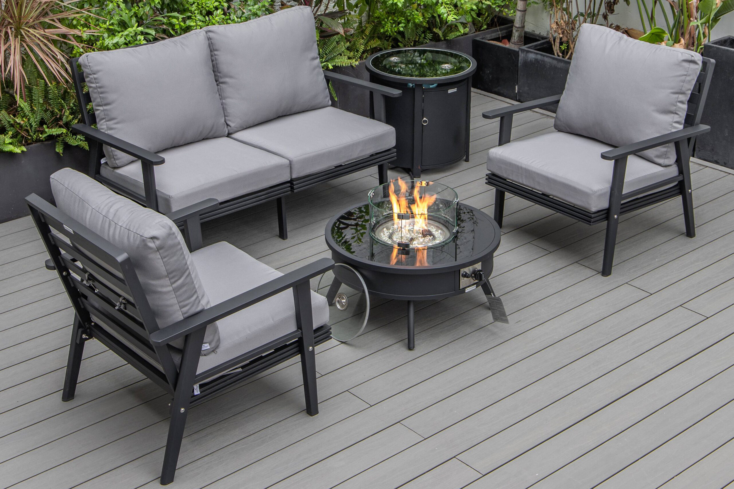 LeisureMod Walbrooke Modern Black Patio Conversation With Round Fire Pit & Tank Holder