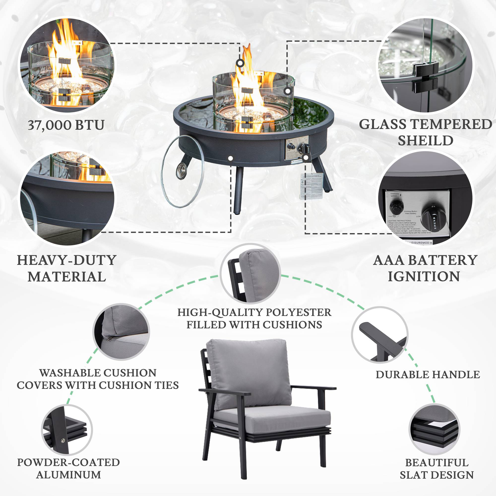 LeisureMod Walbrooke Modern Black Patio Conversation With Round Fire Pit & Tank Holder - Gray