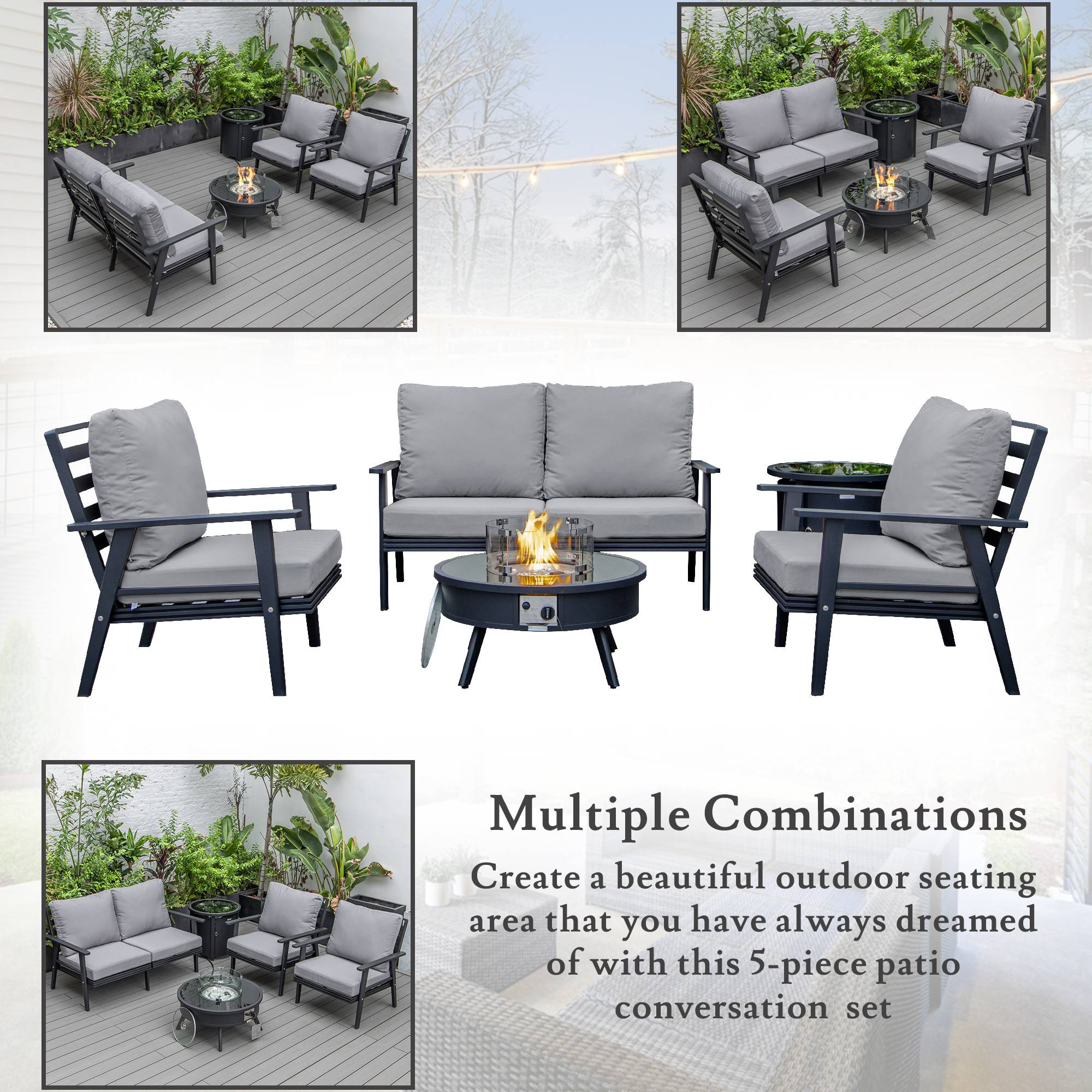 LeisureMod Walbrooke Modern Black Patio Conversation With Round Fire Pit & Tank Holder - Gray