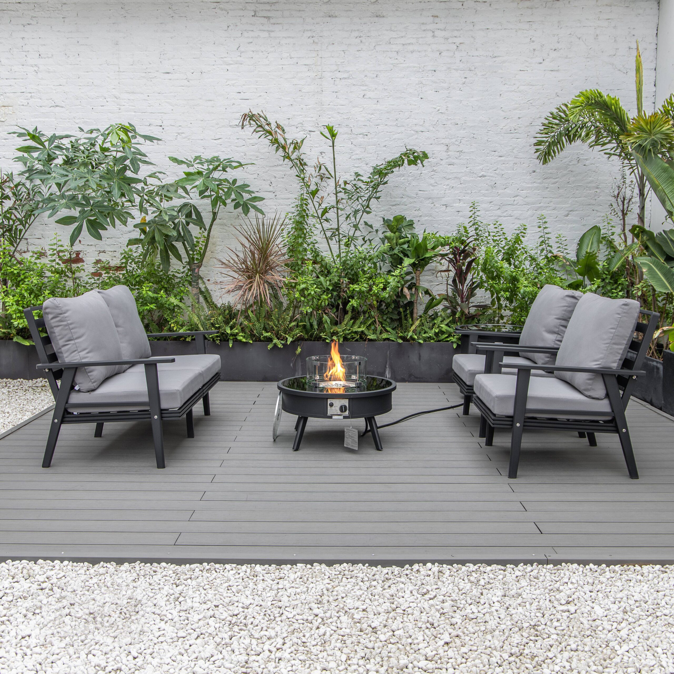 LeisureMod Walbrooke Modern Black Patio Conversation With Round Fire Pit & Tank Holder - Gray