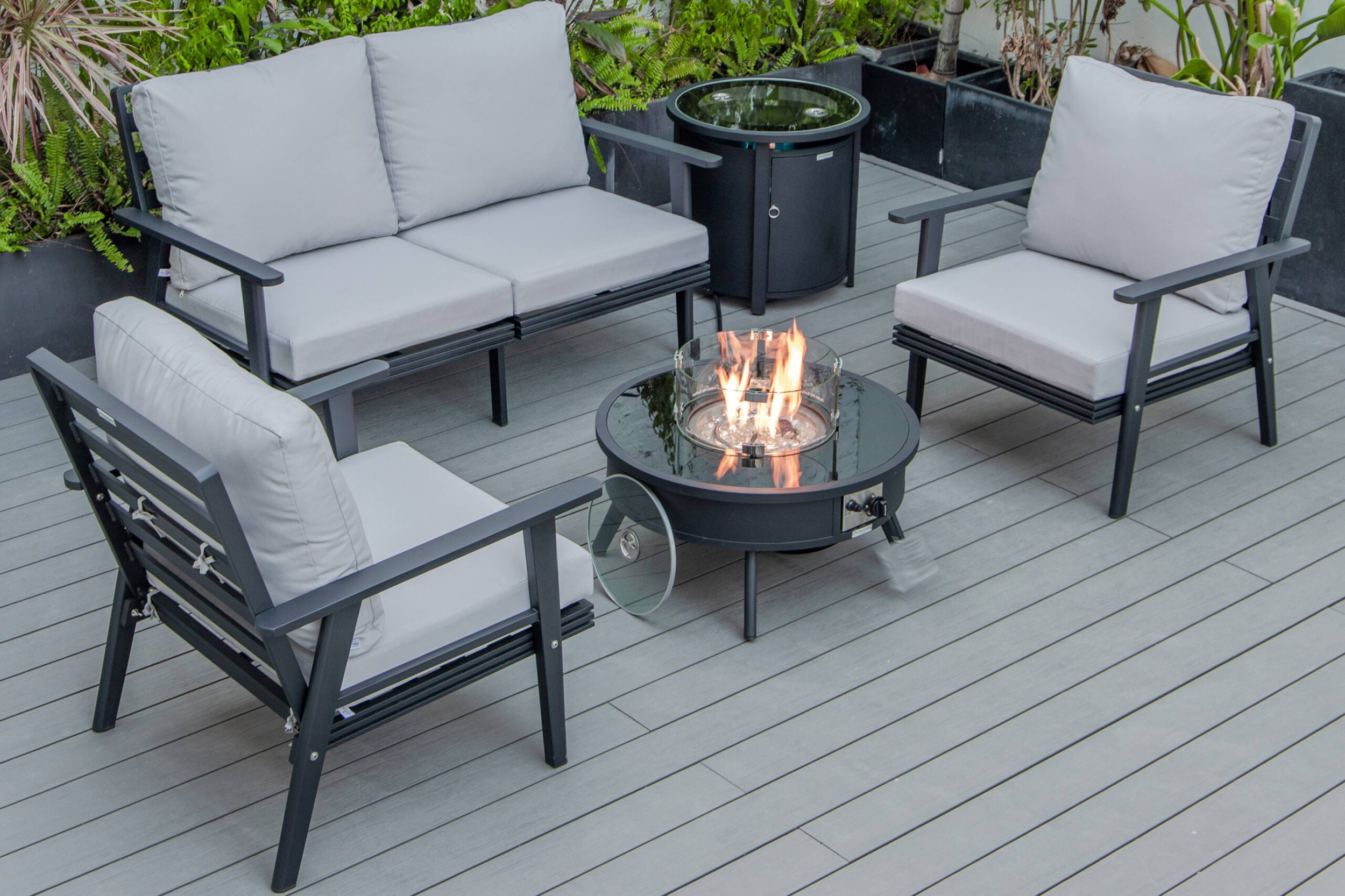 LeisureMod Walbrooke Modern Black Patio Conversation With Round Fire Pit & Tank Holder