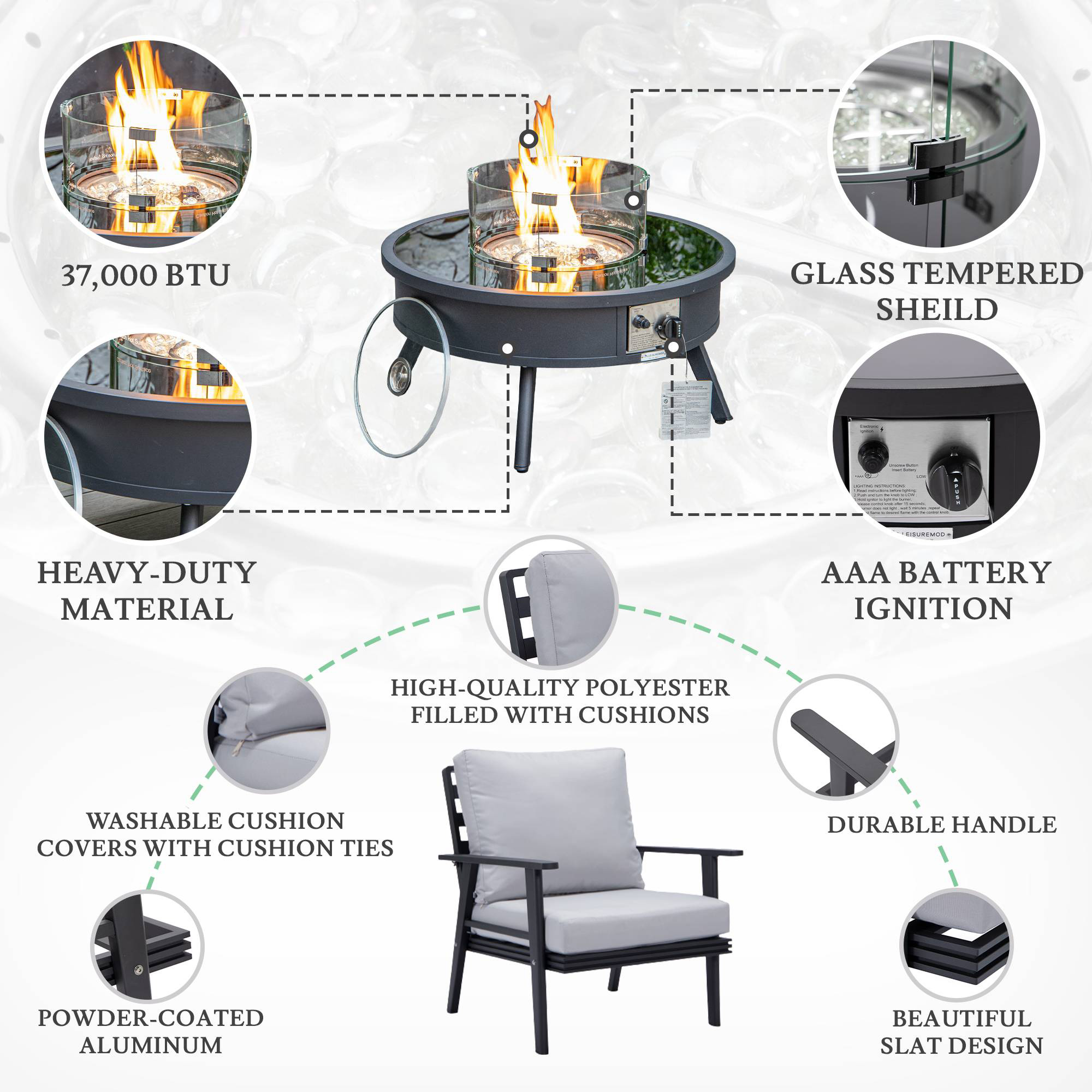 LeisureMod Walbrooke Modern Black Patio Conversation With Round Fire Pit & Tank Holder - Light Gray