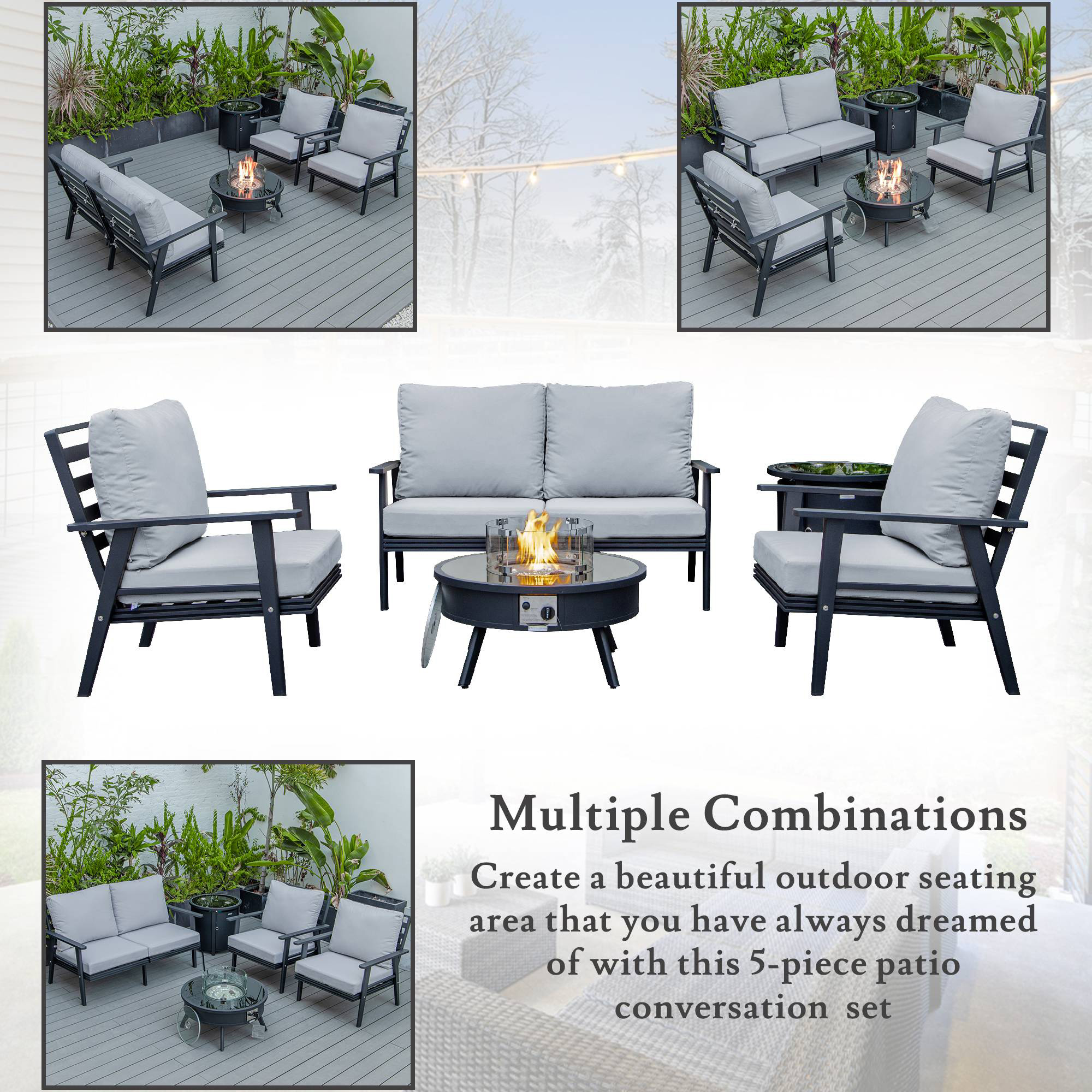 LeisureMod Walbrooke Modern Black Patio Conversation With Round Fire Pit & Tank Holder - Light Gray