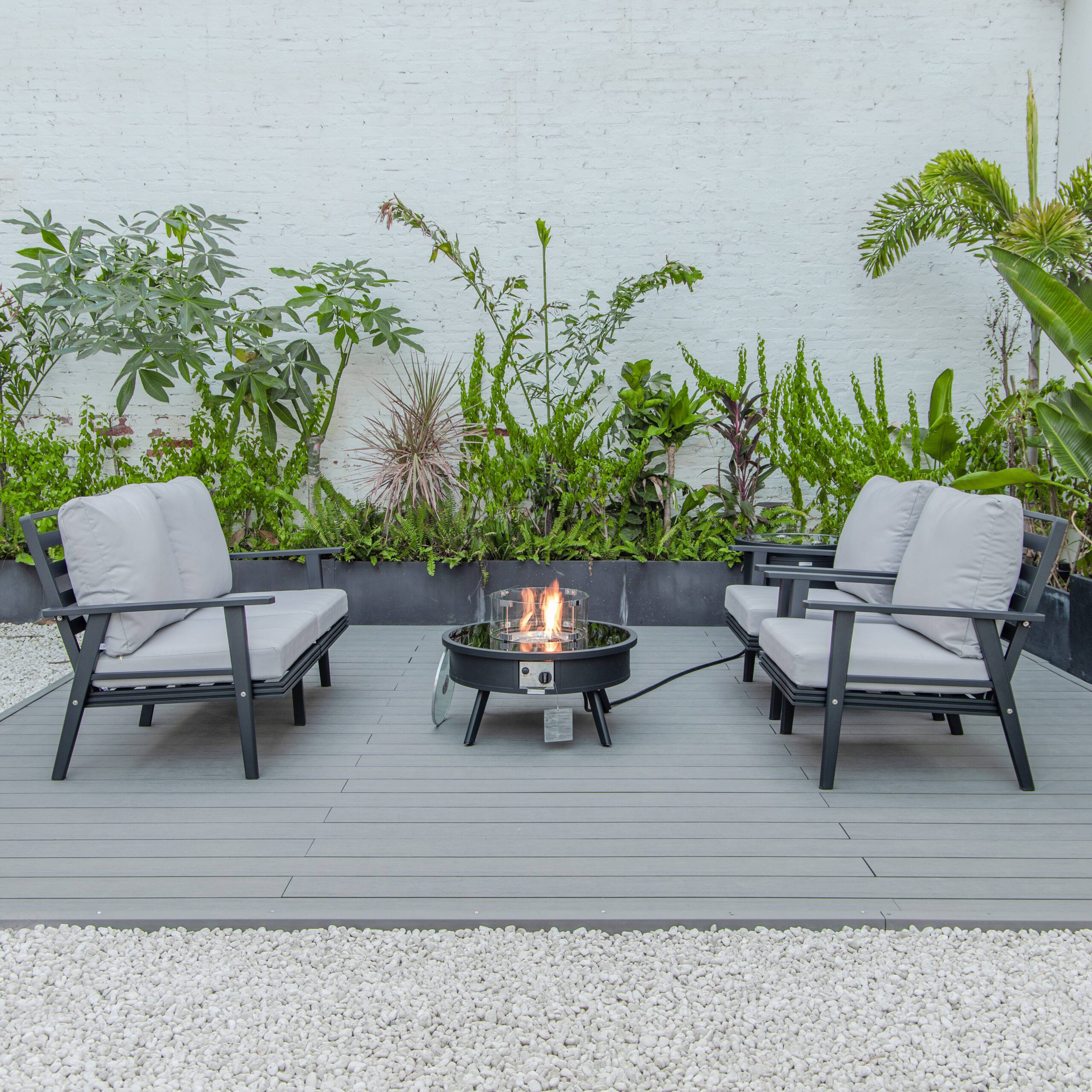 LeisureMod Walbrooke Modern Black Patio Conversation With Round Fire Pit & Tank Holder - Light Gray