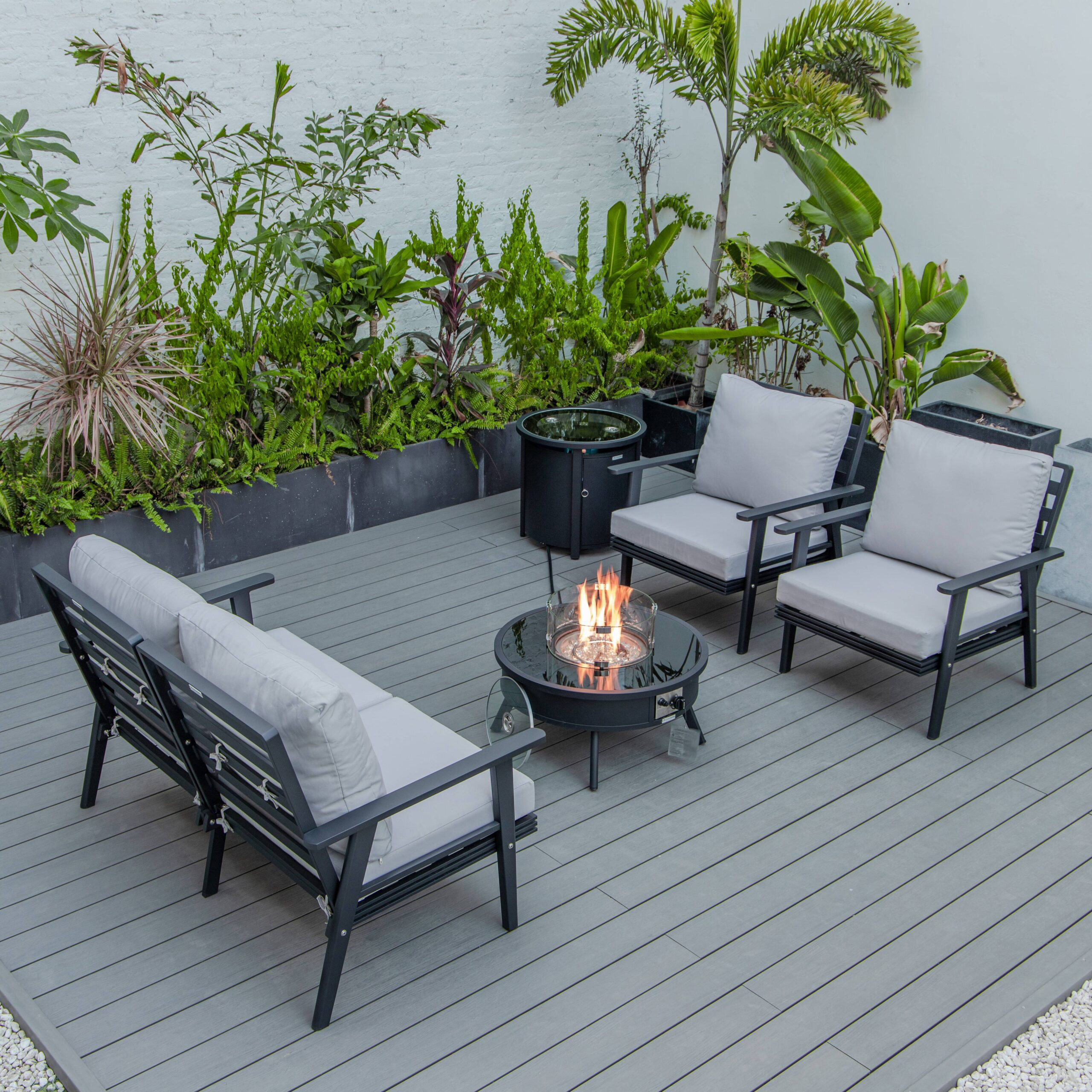 LeisureMod Walbrooke Modern Black Patio Conversation With Round Fire Pit & Tank Holder - Light Gray