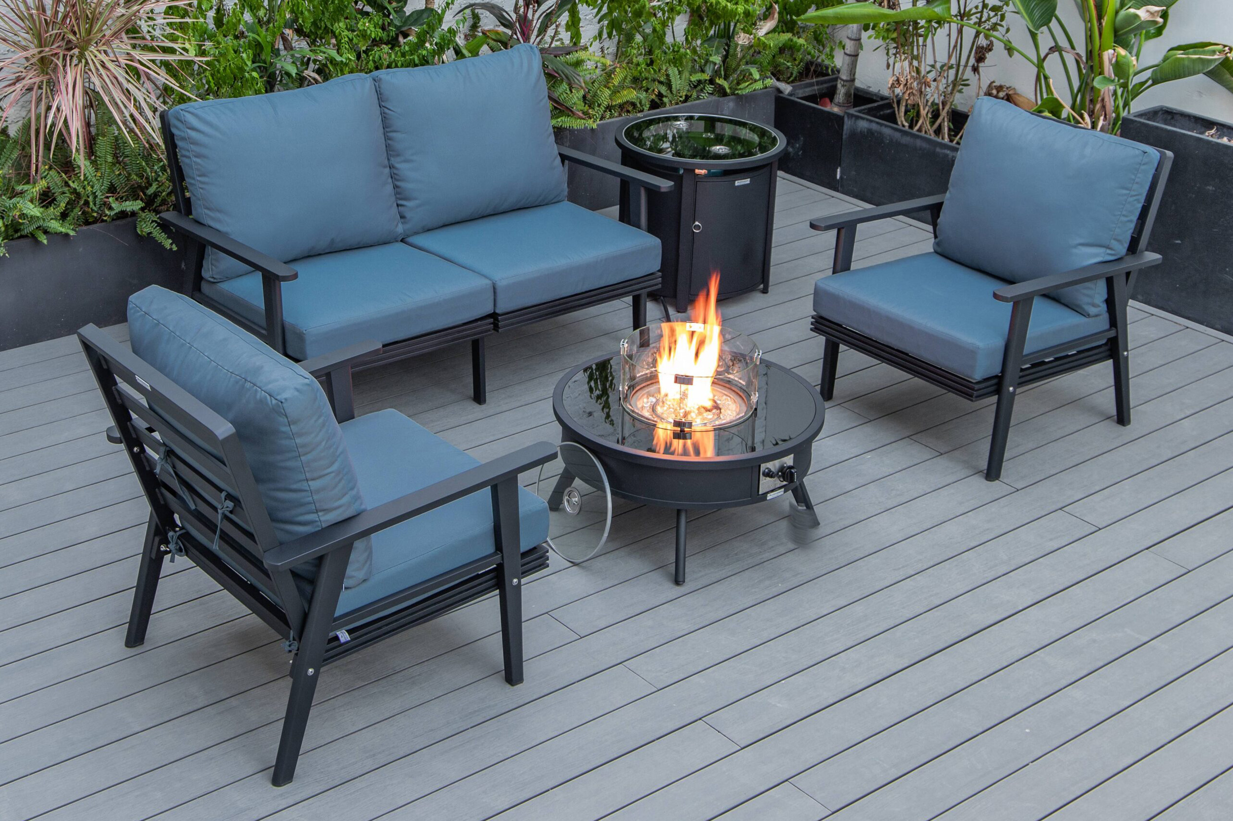 LeisureMod Walbrooke Modern Black Patio Conversation With Round Fire Pit & Tank Holder